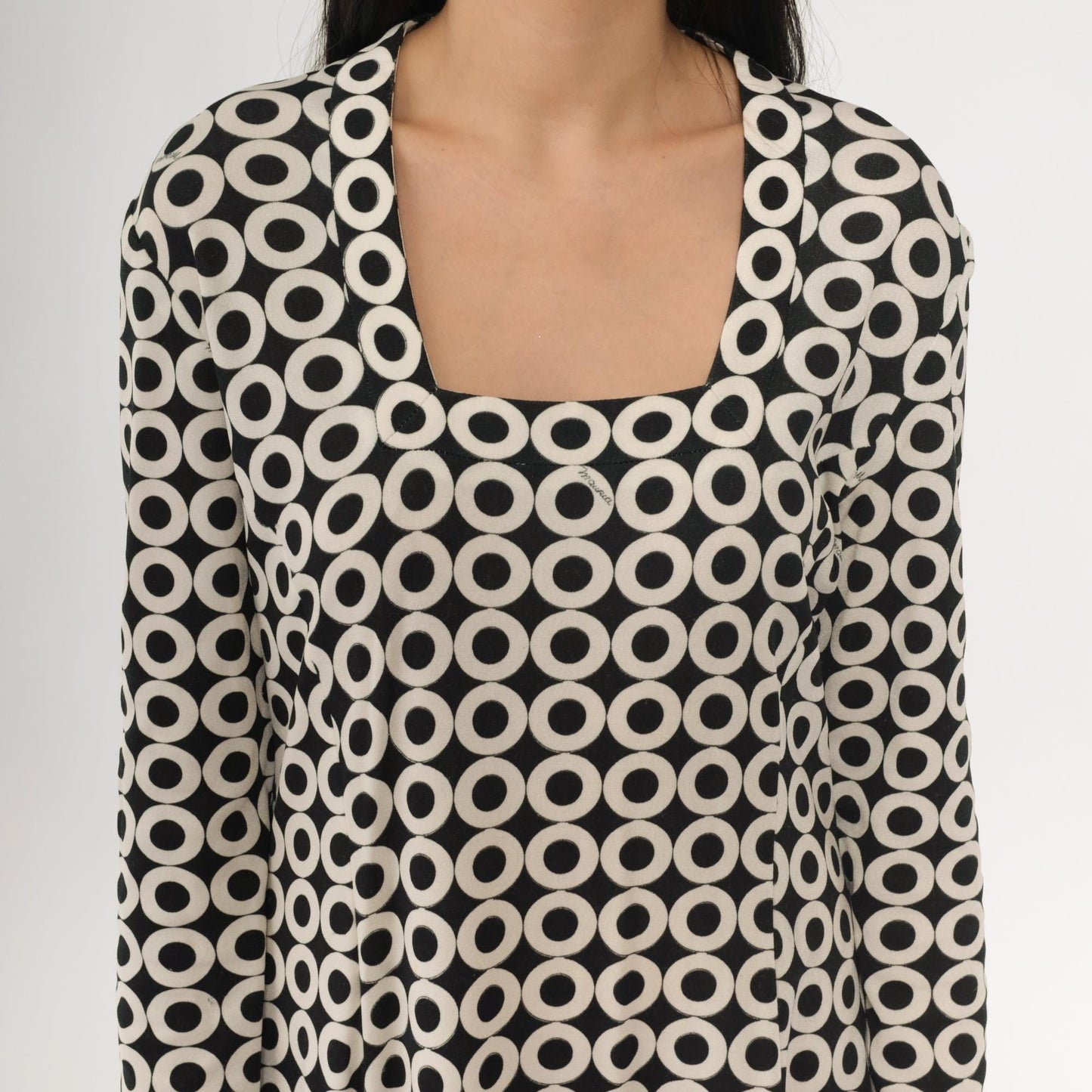 70s Maurice Black White Op Art Circle Print Midi Dress Square Neck Large L