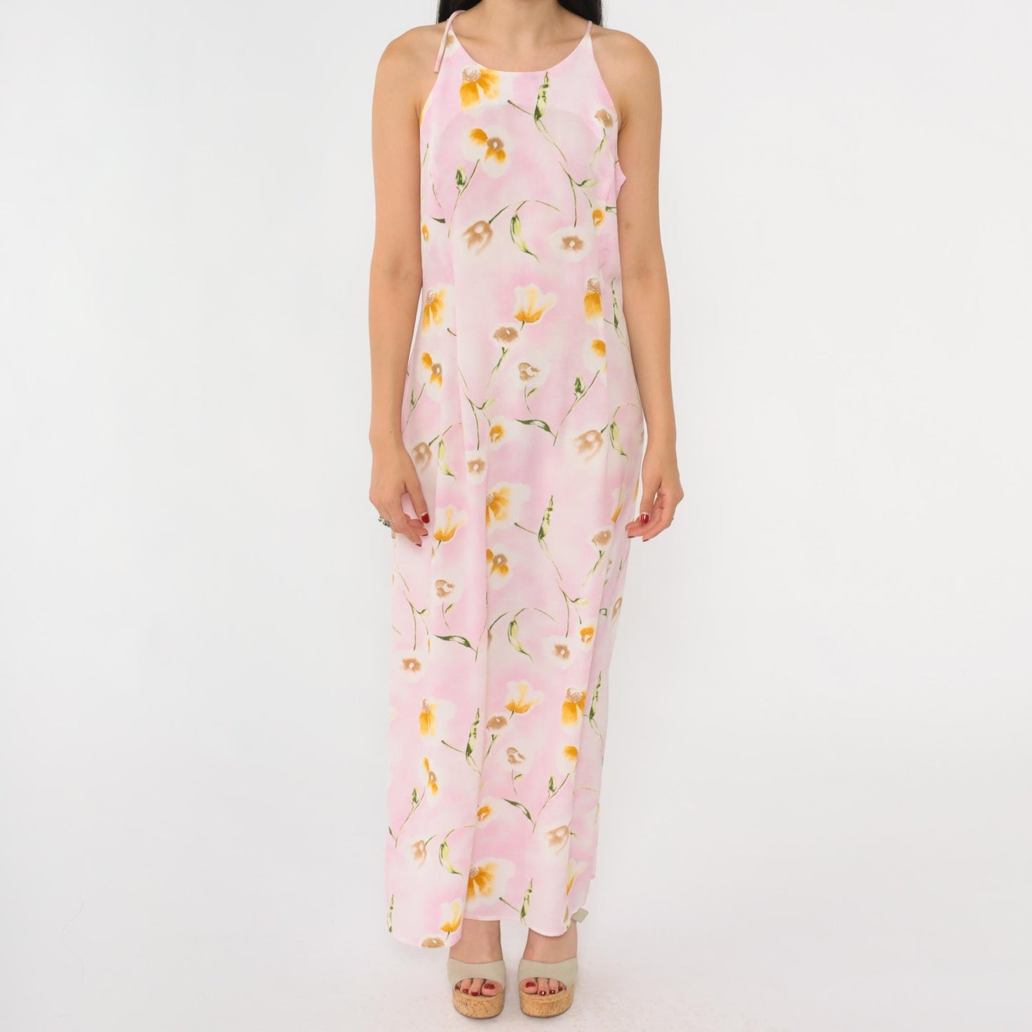 90s Pink Floral Maxi Dress Spaghetti Strap Keyhole Back Small Medium