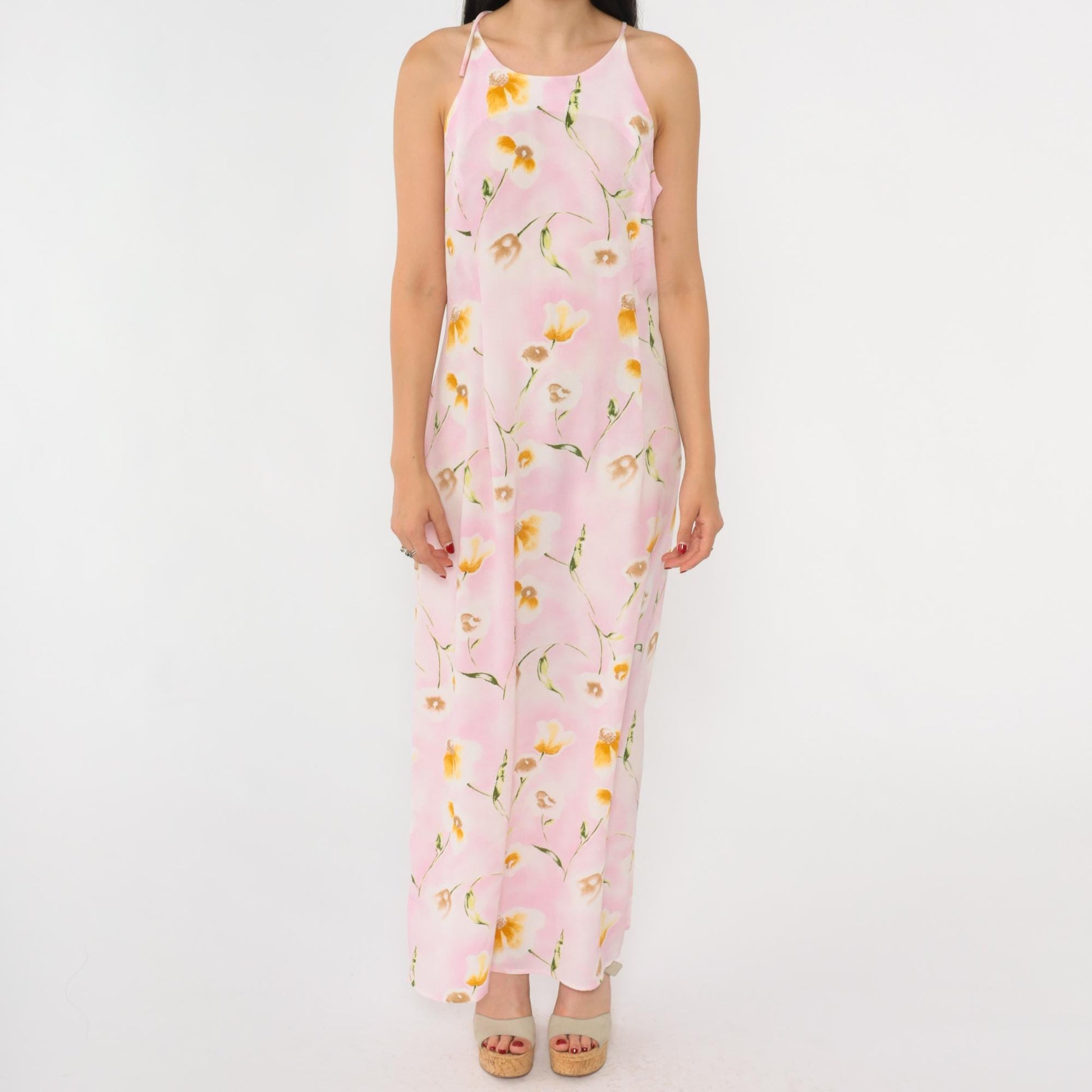 90s Pink Floral Maxi Dress Spaghetti Strap Keyhole Back Small Medium
