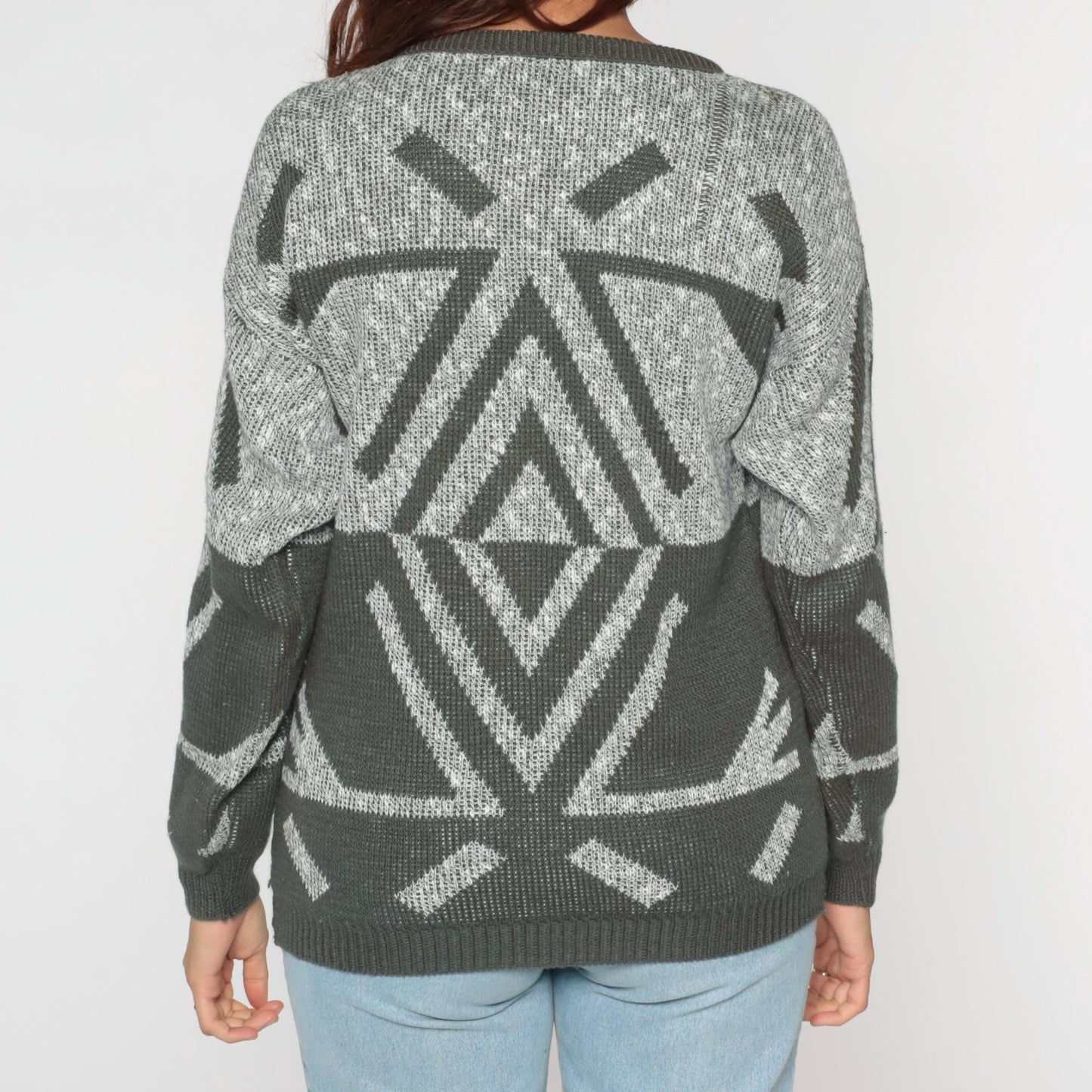 80s Grey Geometric Chevron Pullover Sweater Crewneck Knit Small S