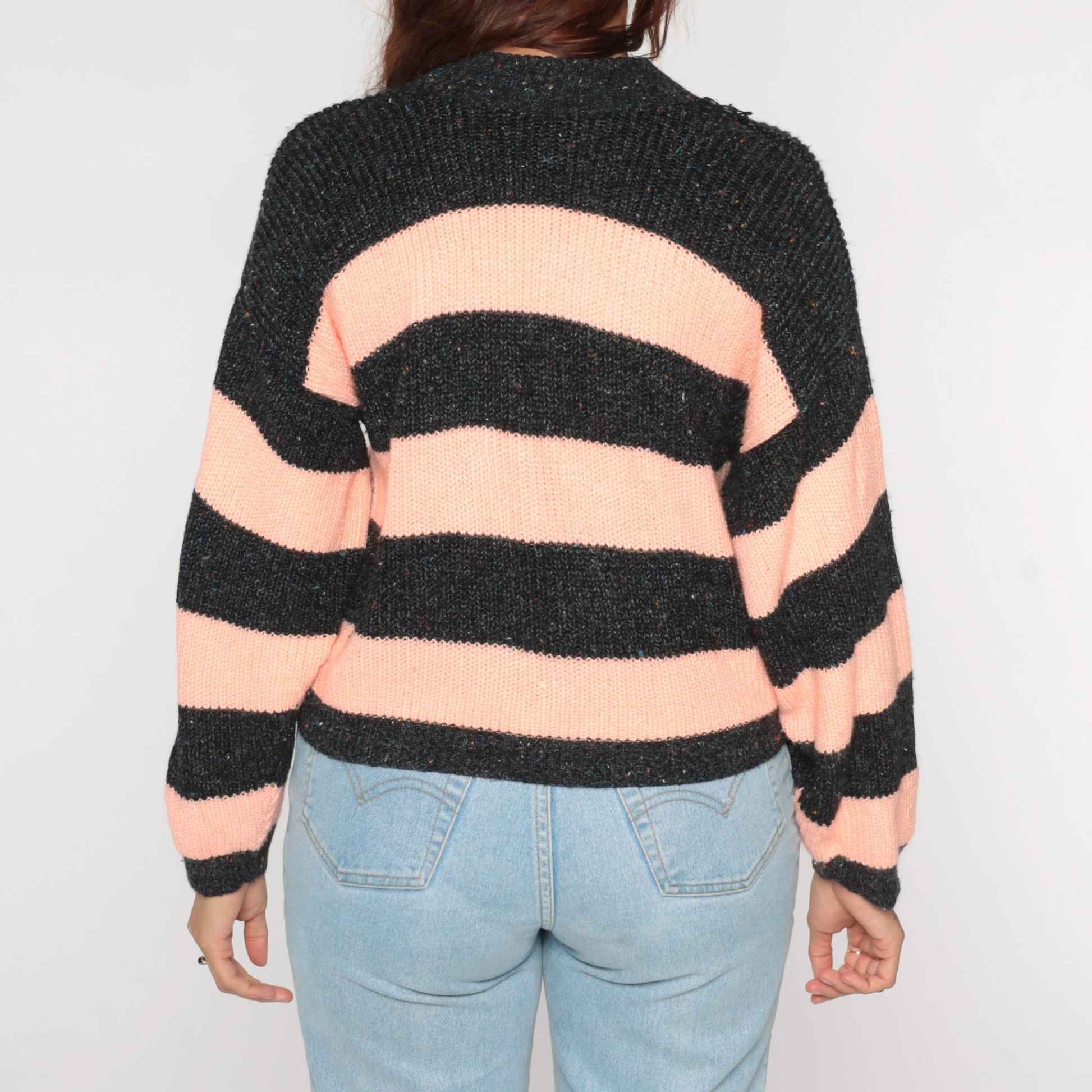 80s Peach Grey Striped Crewneck Knit Sweater Medium M