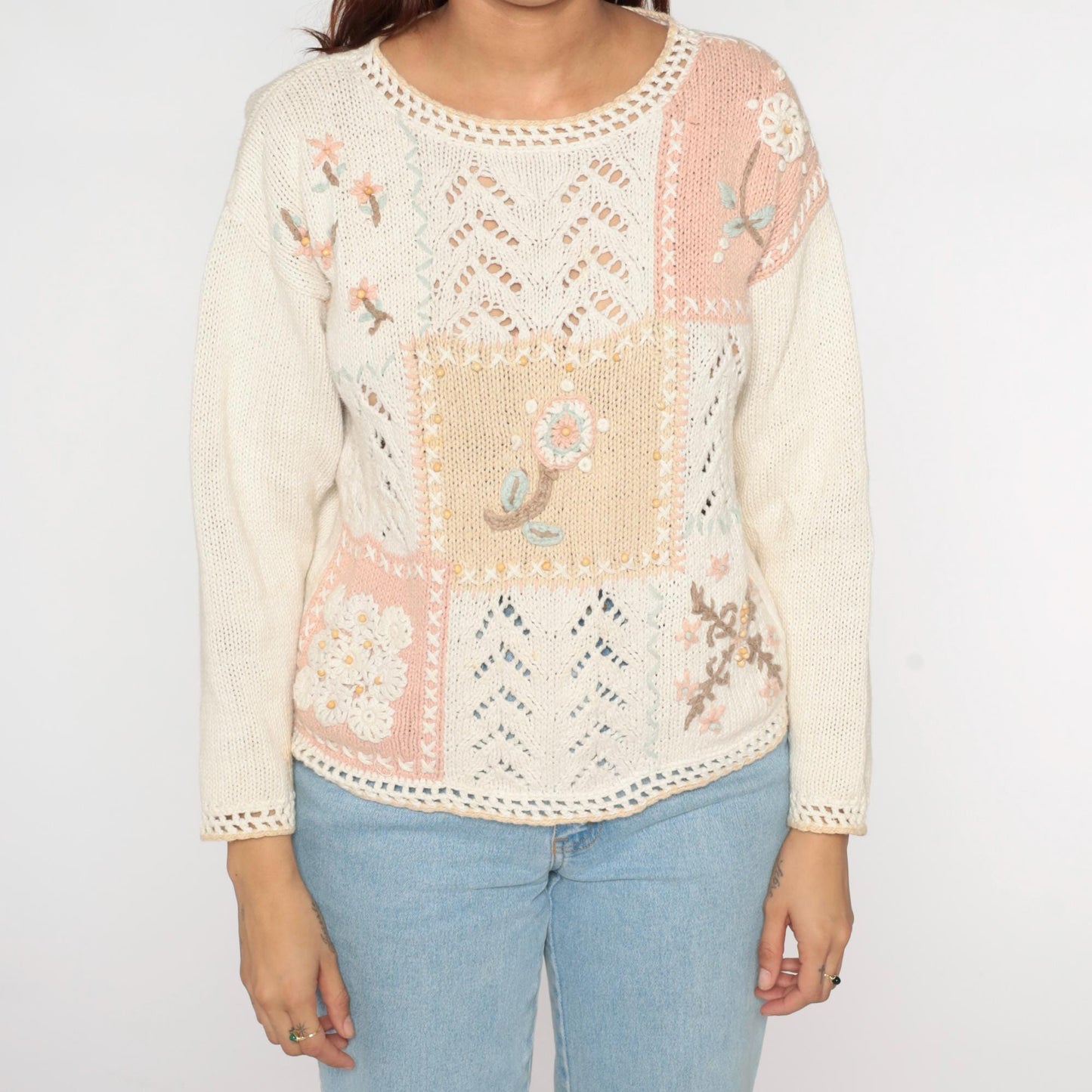 90s Erika Petites Floral Embroidered Openwork Sweater Ecru Small