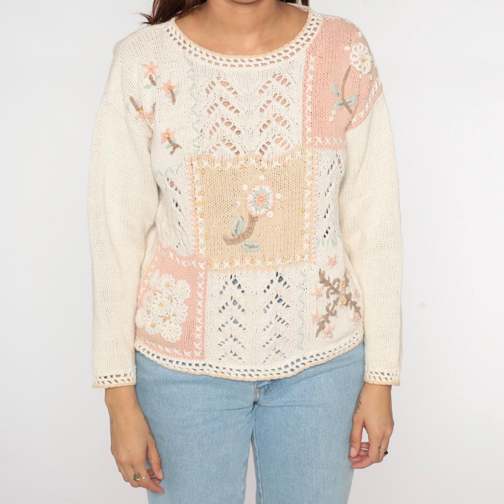 90s Erika Petites Floral Embroidered Openwork Sweater Ecru Small