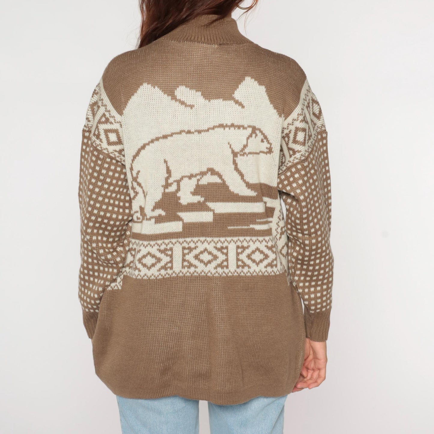 80s Polar Bear Graphic Sweater Brown Mock Neck Pullover Knit Medium