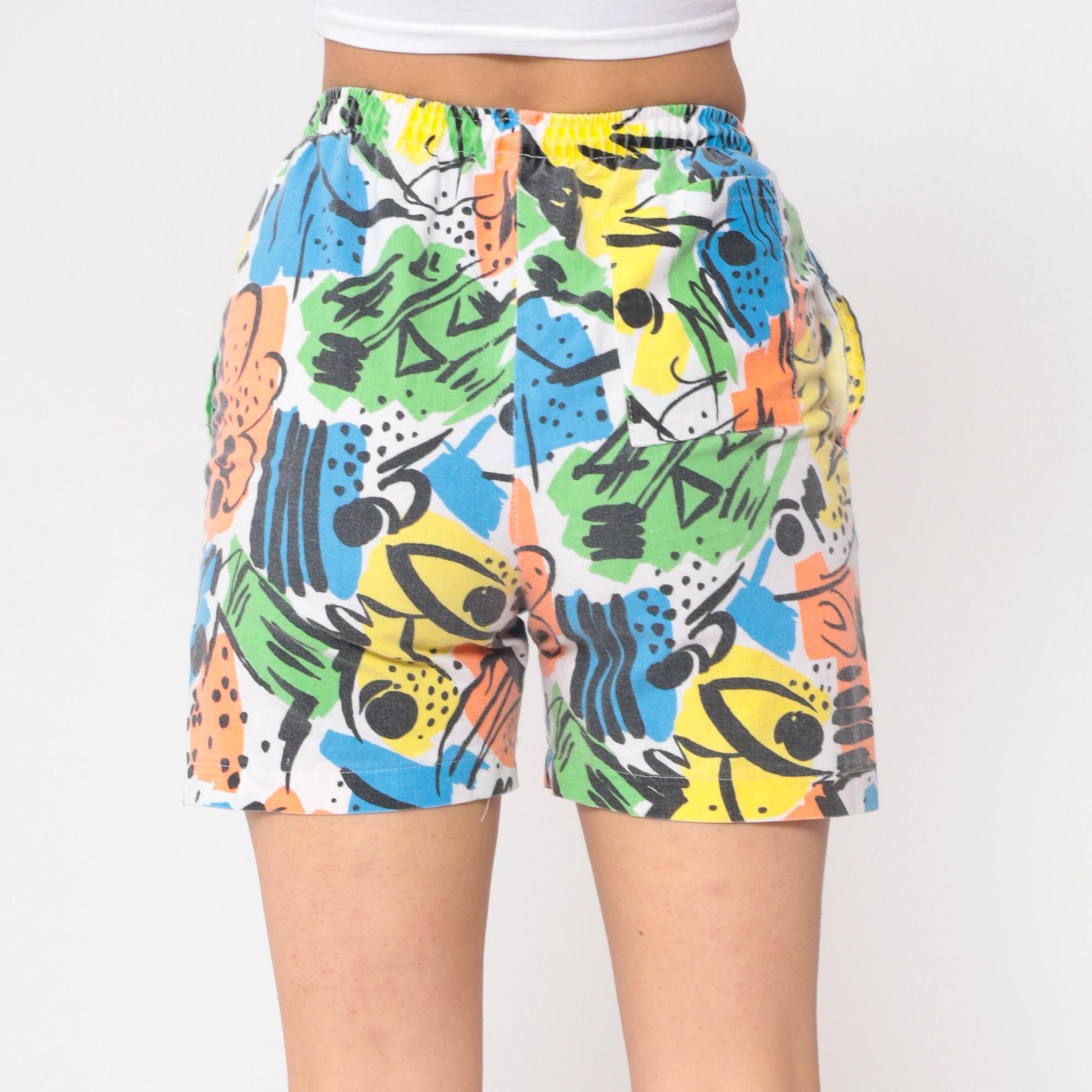 90s Abstract Print High Waisted Wide Leg Shorts Colorful Small S