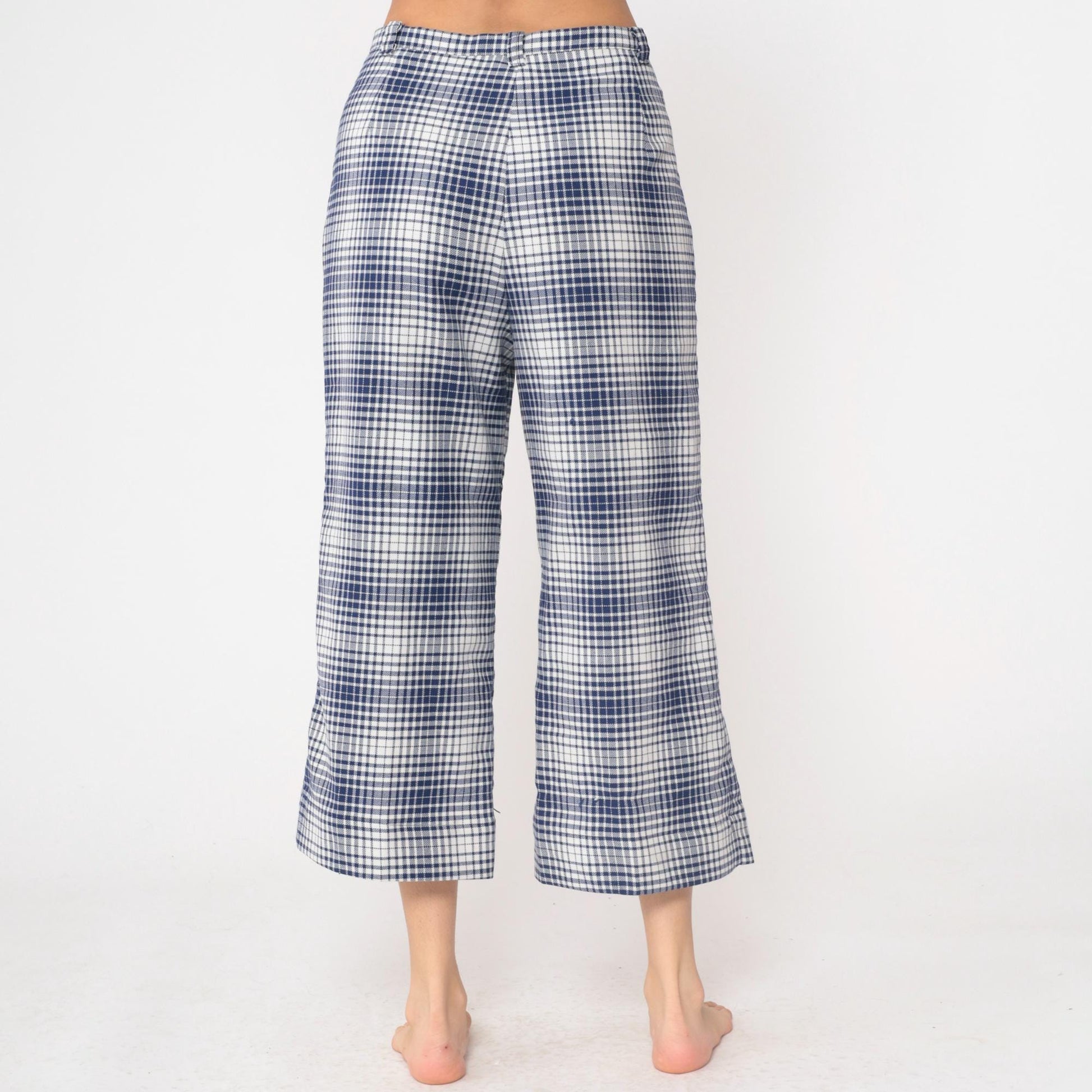 70s Jantzen Gingham Pants Blue White Checkered High Waisted Wide Leg Cropped Medium