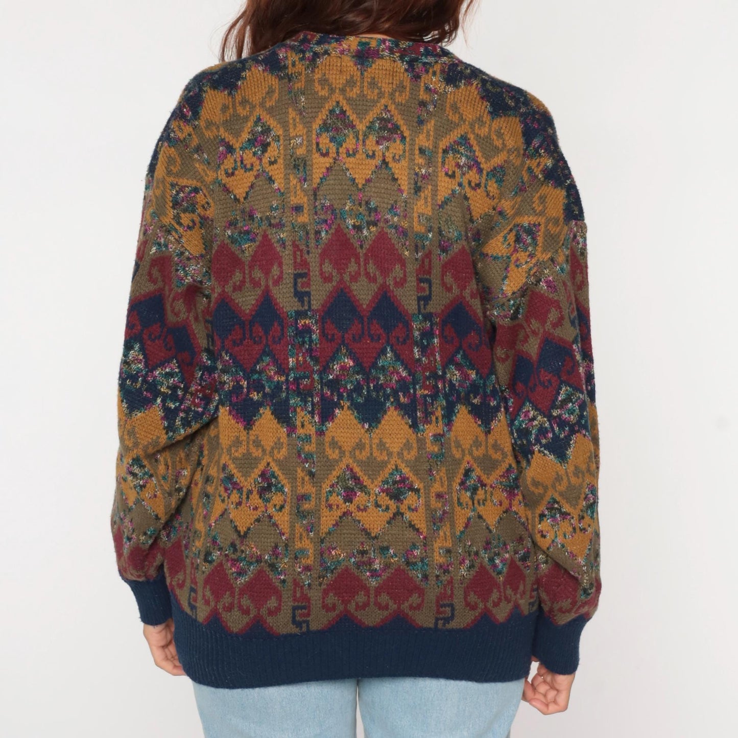 80s Scusa Abstract Geometric V-Neck Sweater Mustard Burgundy Olive Large L