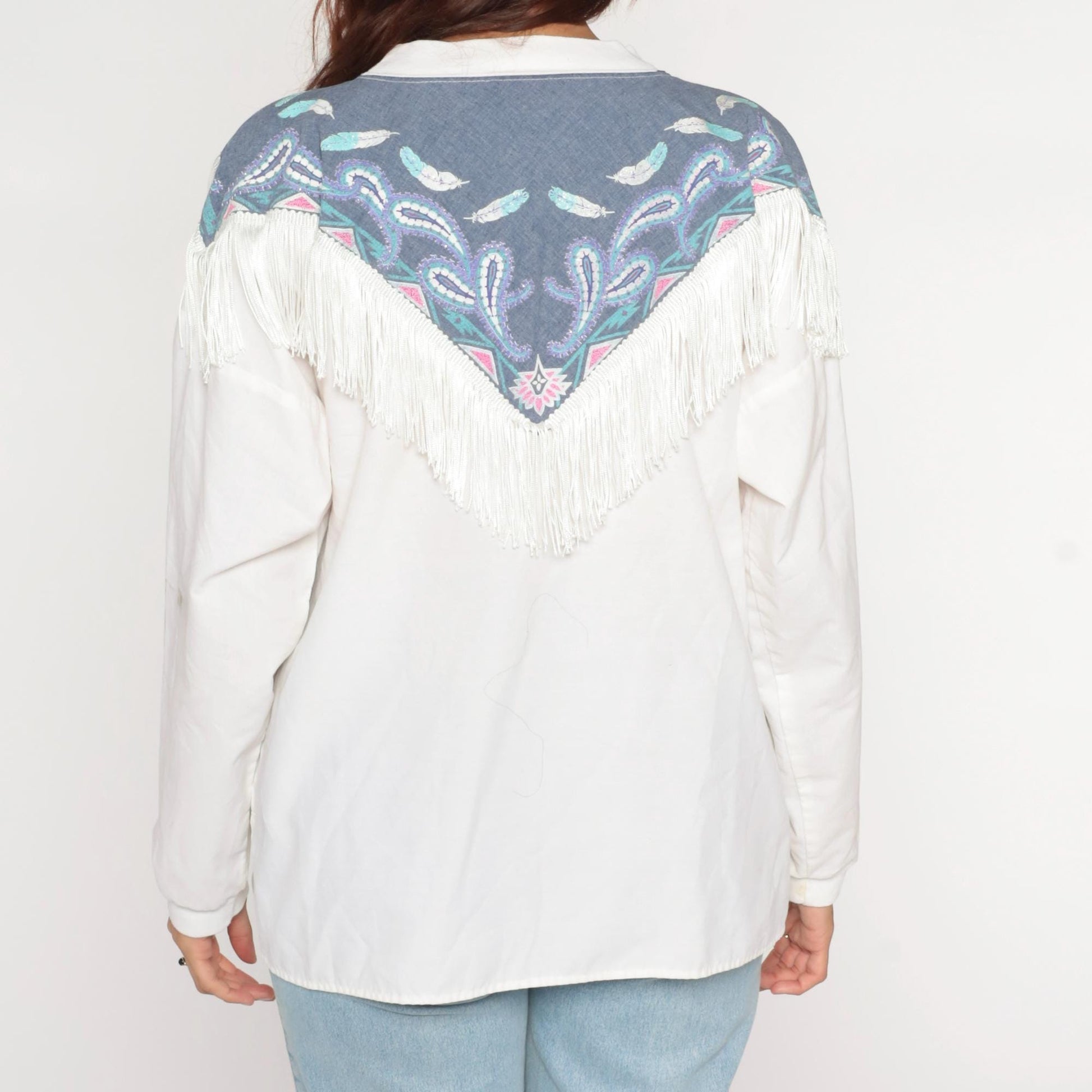 90s Southwest Fringe Long Sleeve T-Shirt White Beaded Yoke Paisley Large