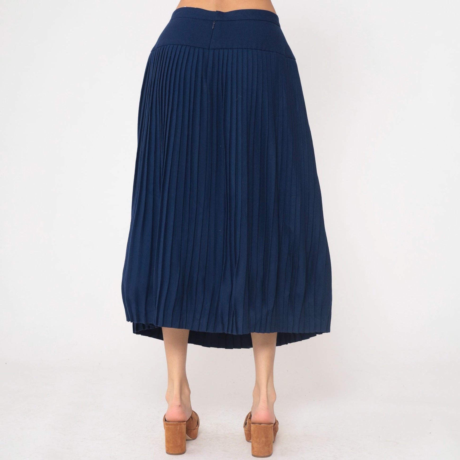 80s Saks Fifth Avenue Navy Wool Pleated Midi Skirt High Waisted Medium