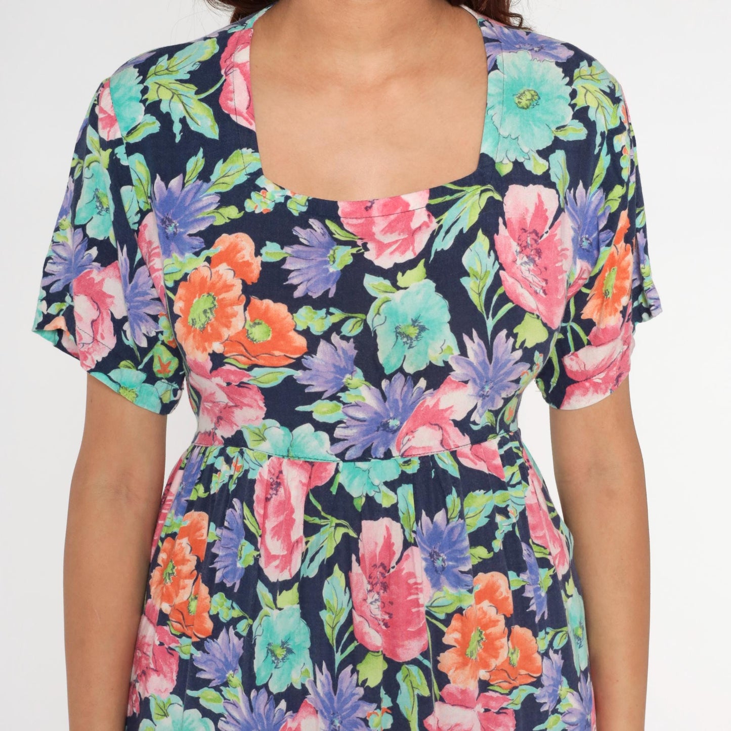 90s Diane Von Furstenberg Floral Empire Waist Midi Dress Navy Square Neck Extra Small