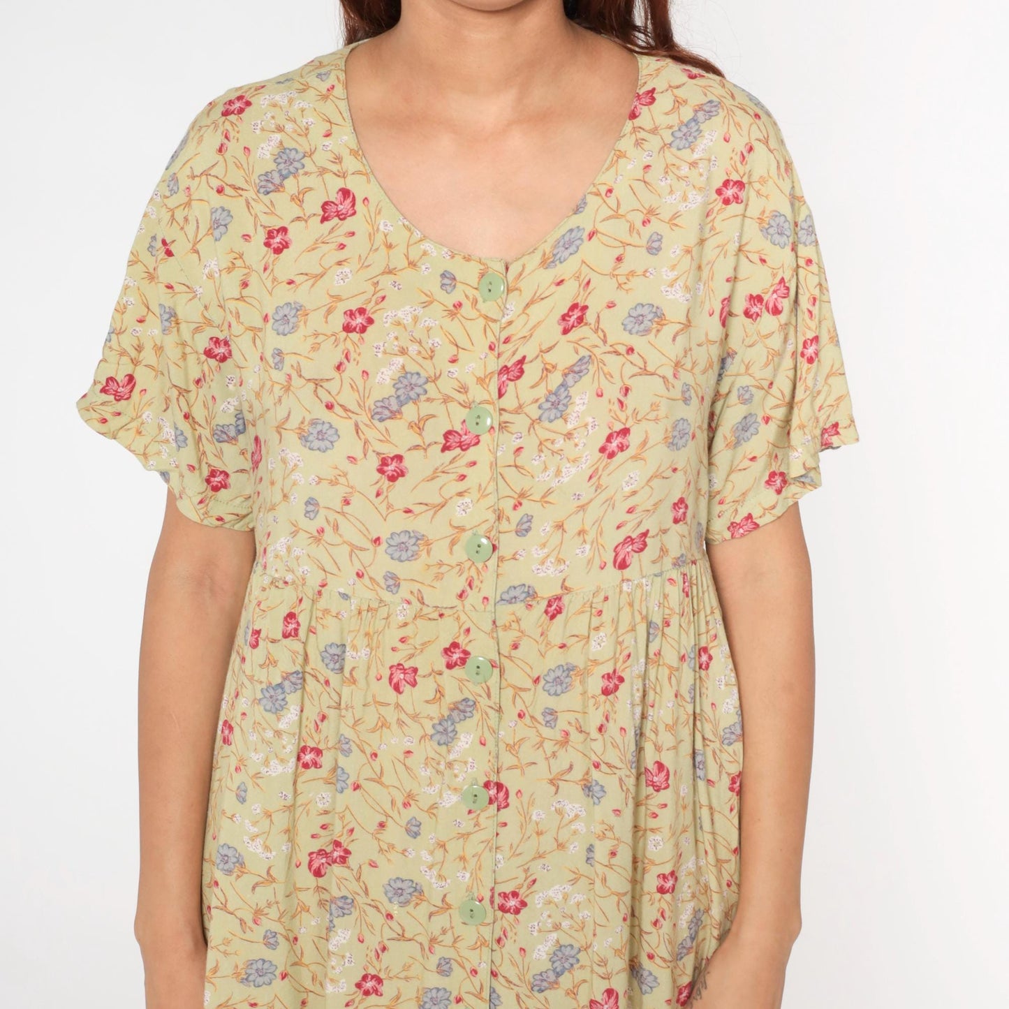 90s Sostanza Floral Button-Up Midi Dress Avocado Green High Waist Medium Large