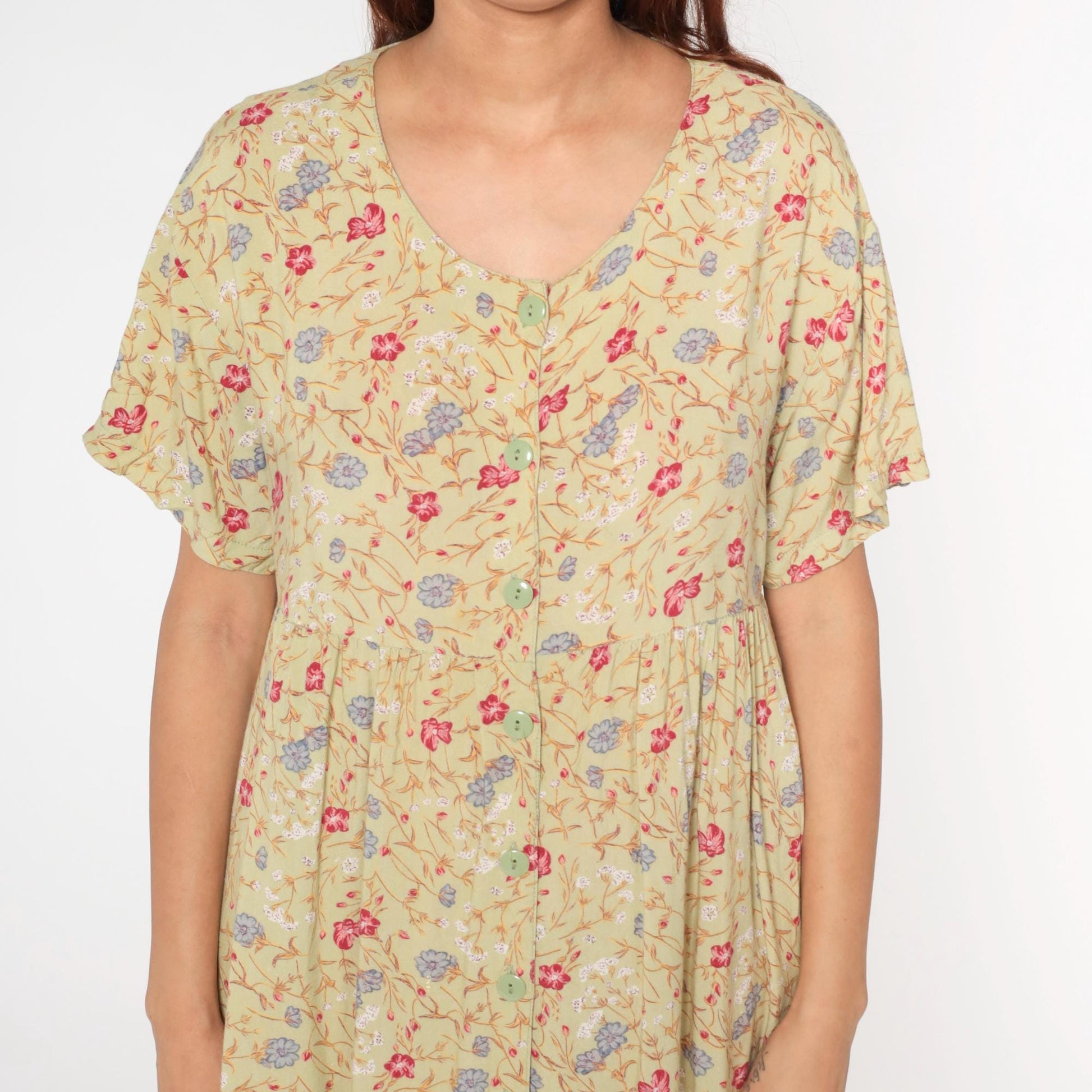 90s Sostanza Floral Button-Up Midi Dress Avocado Green High Waist Medium Large