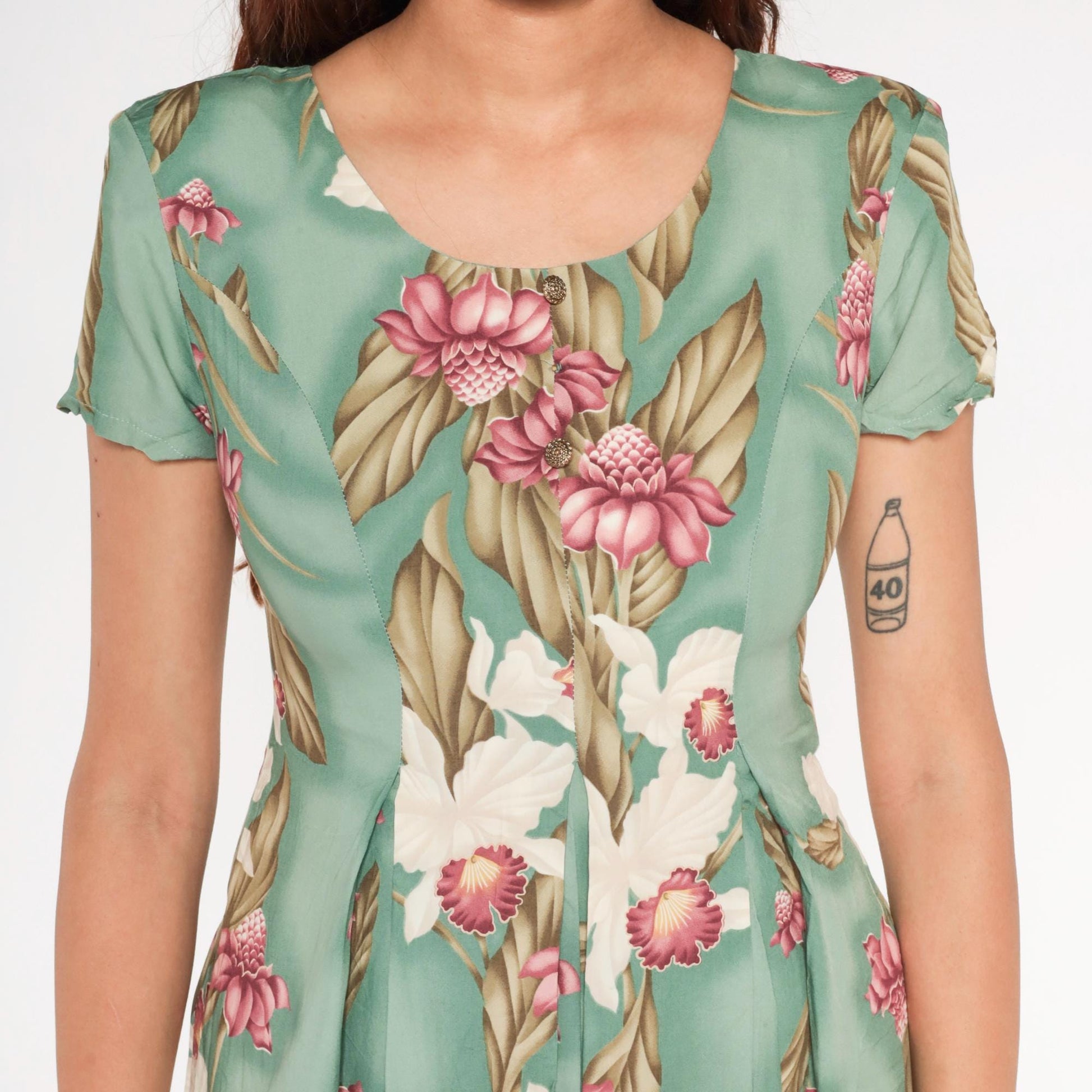 90s Iolani Hawaiian Tropical Floral Midi Dress Green Short Sleeve Petite