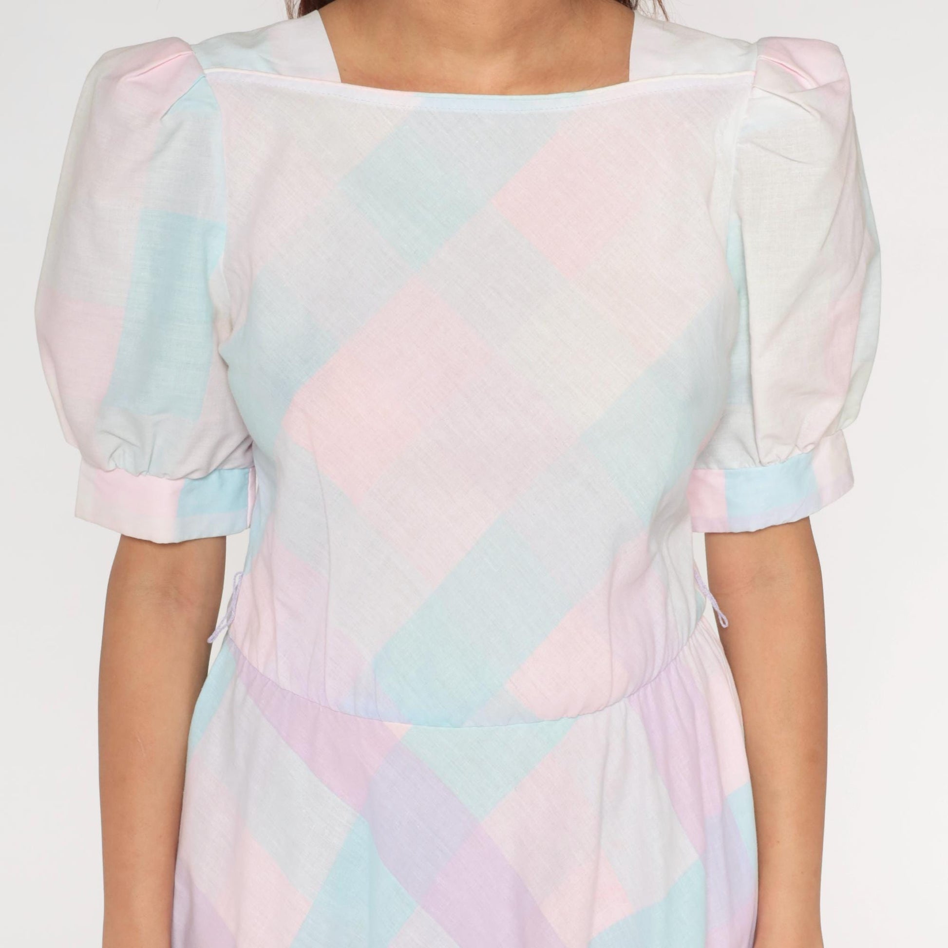 80s Pastel Checkered Puff Sleeve Midi Dress High Waist Pink Purple Blue Medium M