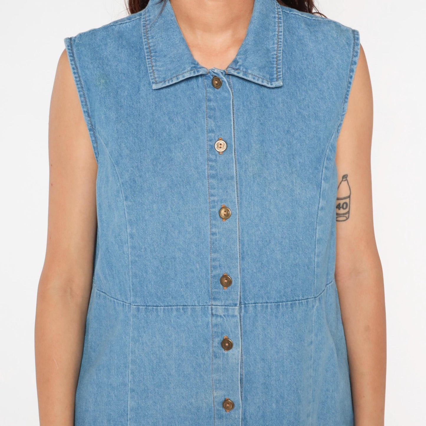 90s Blue Denim Midi Dress Sleeveless Button-Up High Waist Medium Large