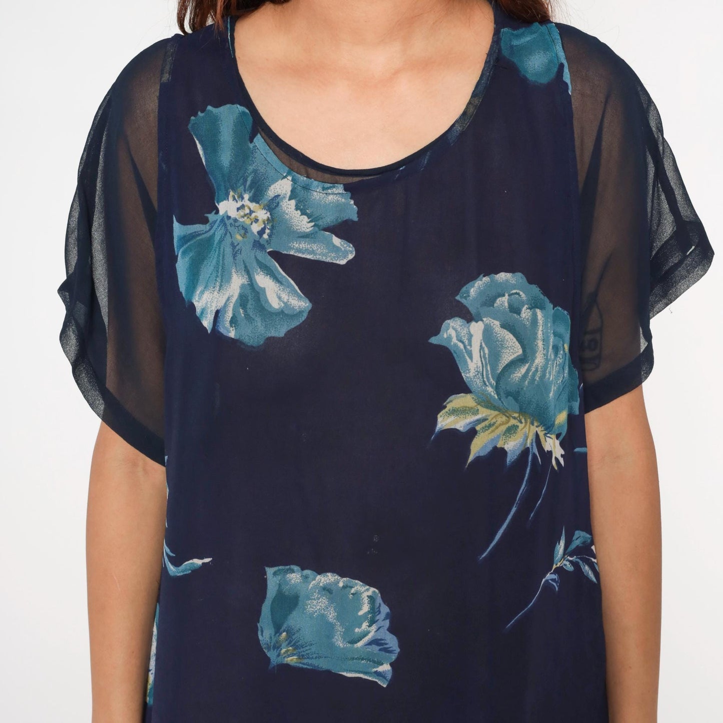 90s Navy Floral Chiffon Dress Short Sleeve Knee Length Large L