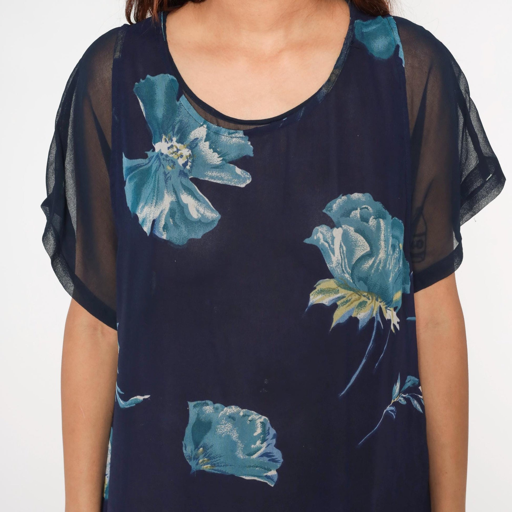 90s Navy Floral Chiffon Dress Short Sleeve Knee Length Large L