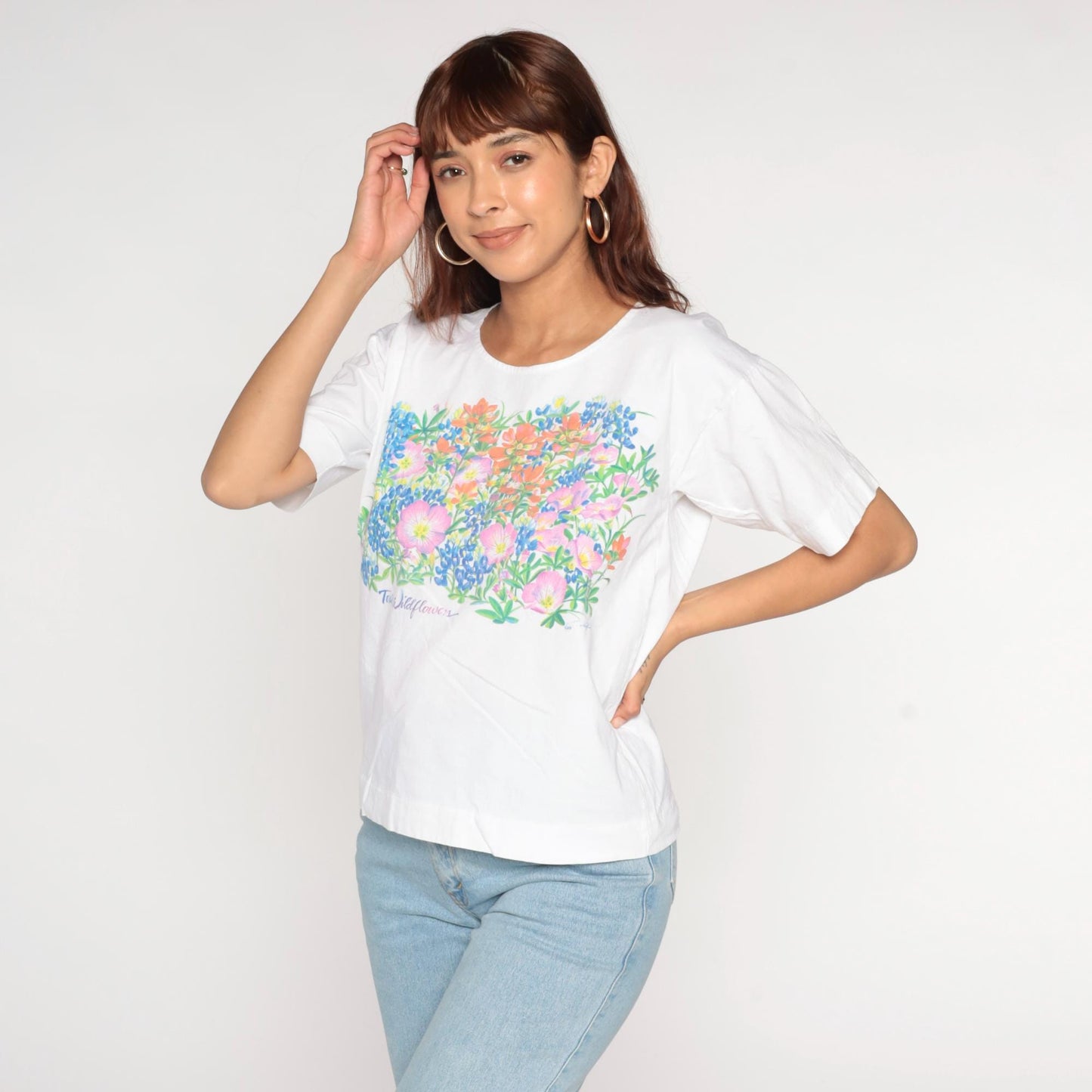 80s Swan Brand Texas Wildflowers White Graphic T-Shirt Cotton Tee Medium