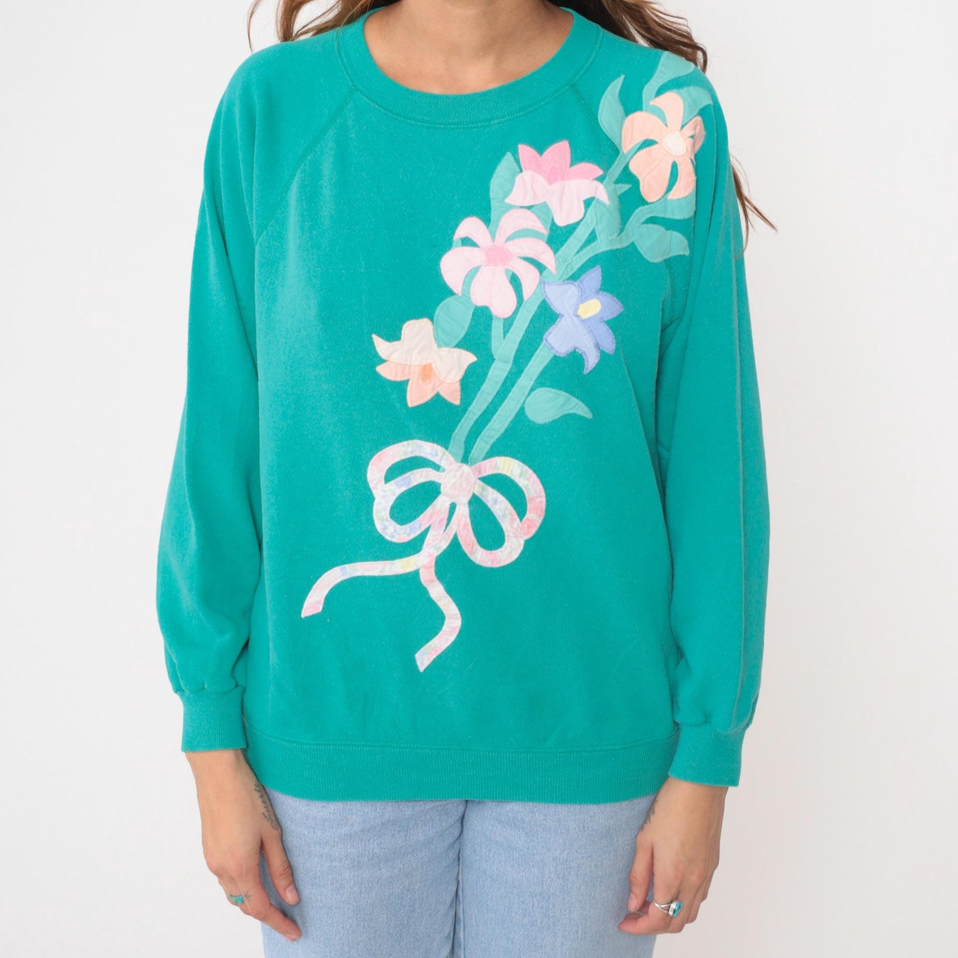 90s Creative Friends Floral Sweatshirt Turquoise Appliqué Crewneck Large L