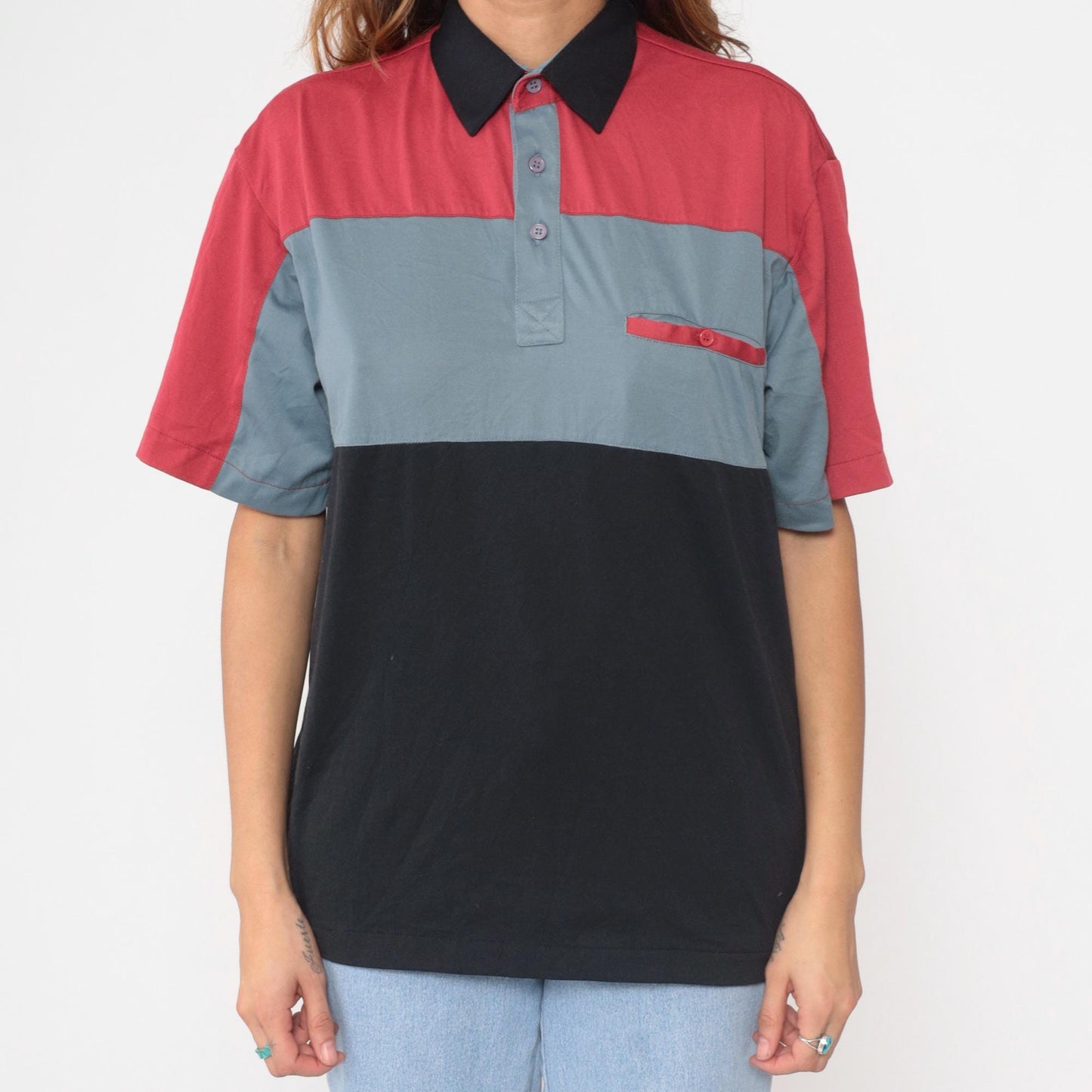 90s Color Block Polo Shirt Red Grey Black Horizontal Stripes Medium M