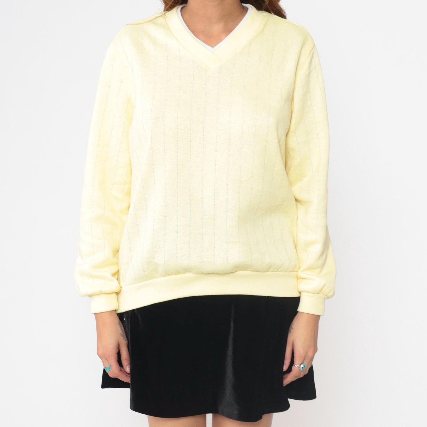 90s Yellow V-Neck Pullover Sweatshirt Preppy Ribbed Trim Large L