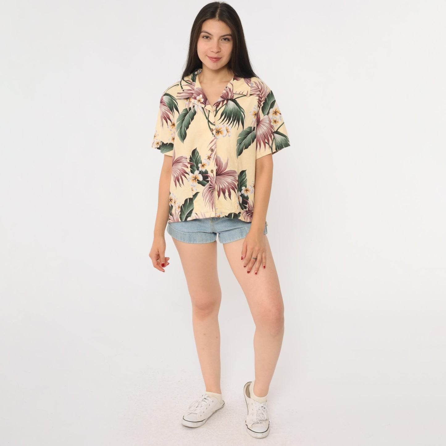 90s Kona Malia Hawaiian Aloha Shirt Yellow Plumeria Floral Cotton Extra Small