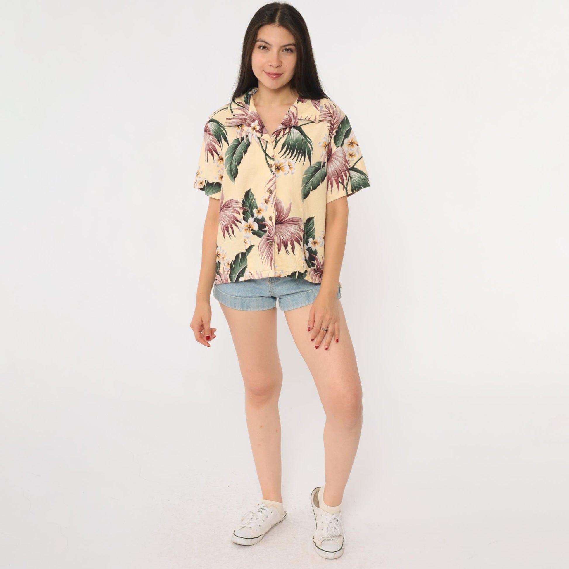 90s Kona Malia Hawaiian Aloha Shirt Yellow Plumeria Floral Cotton Extra Small