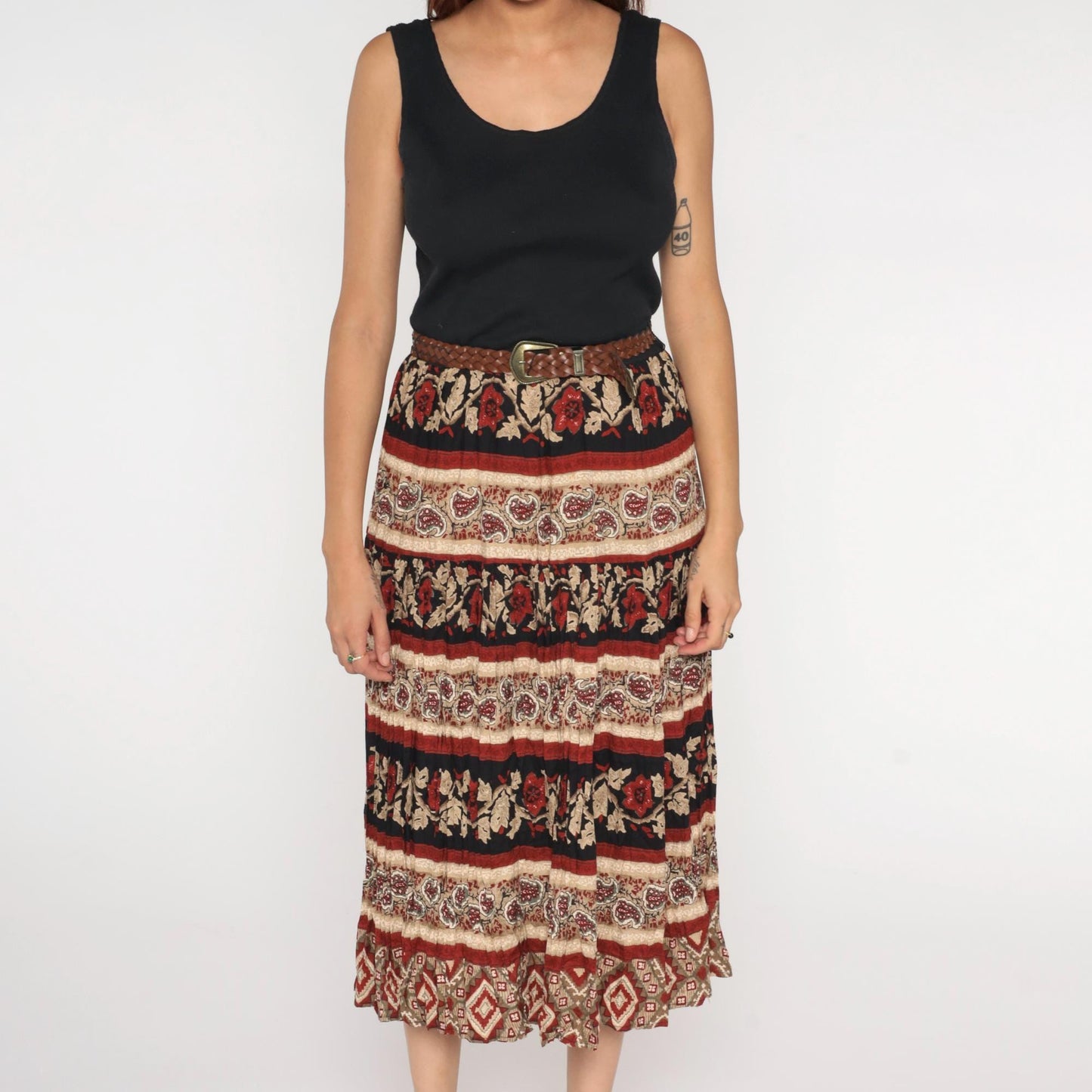 90s Black Floral Paisley Broomstick Midi Dress High Waist Sleeveless Medium