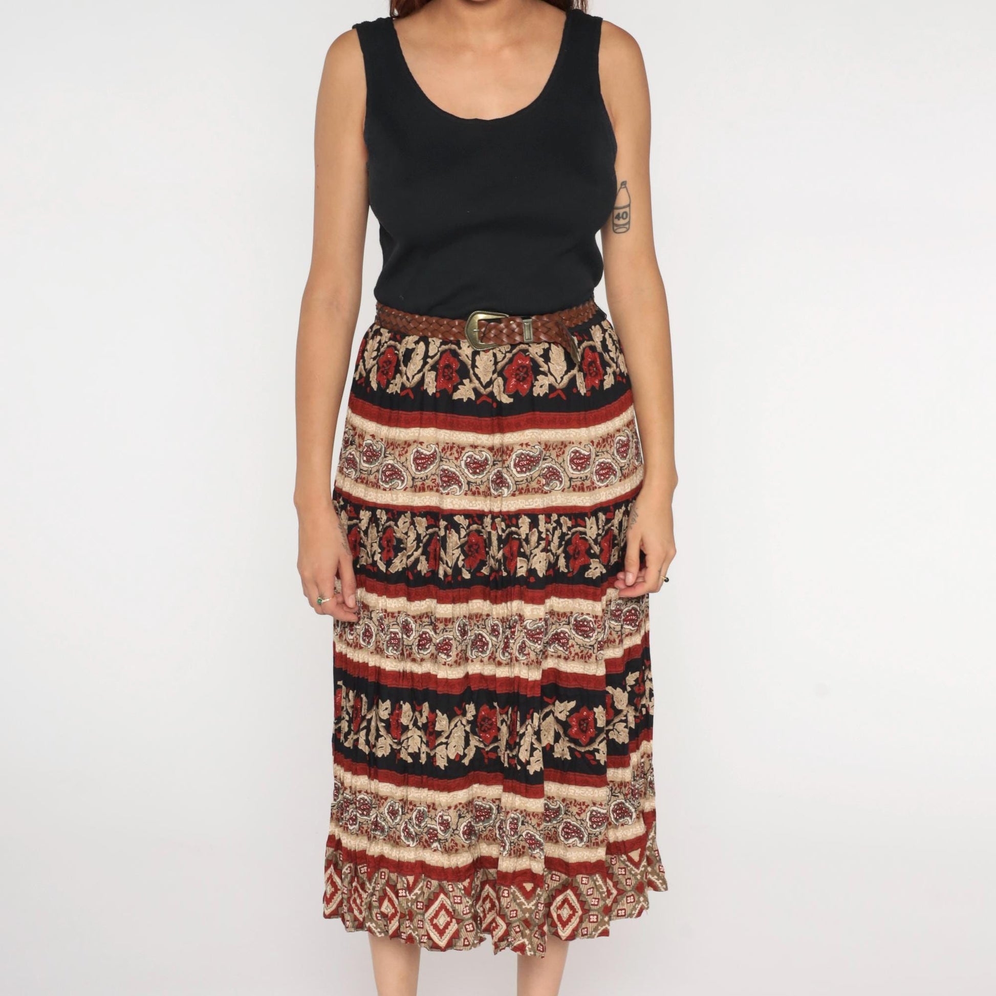 90s Black Floral Paisley Broomstick Midi Dress High Waist Sleeveless Medium