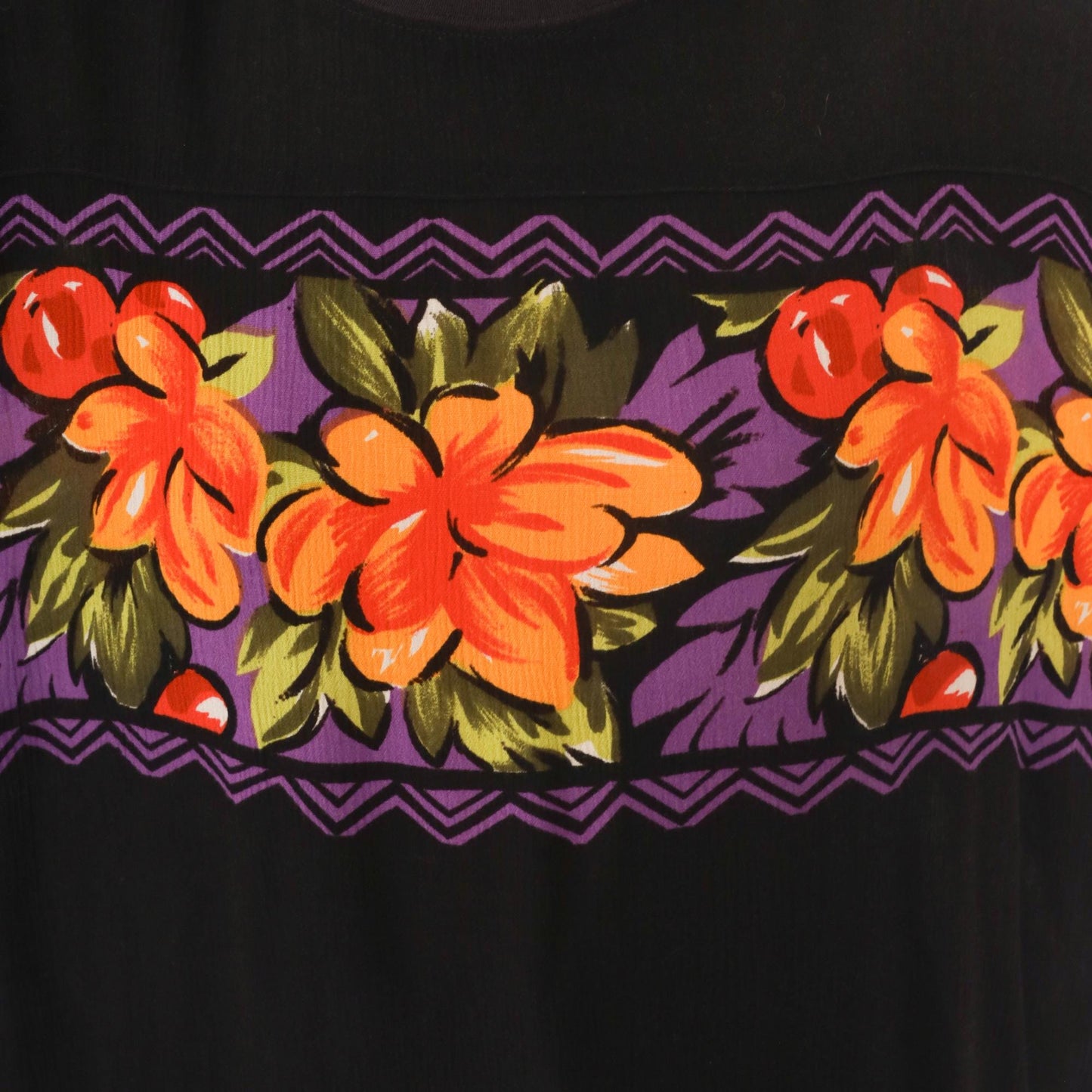 90s SK & Company Hawaiian Shirt Black Rayon Floral Orange Purple Large L