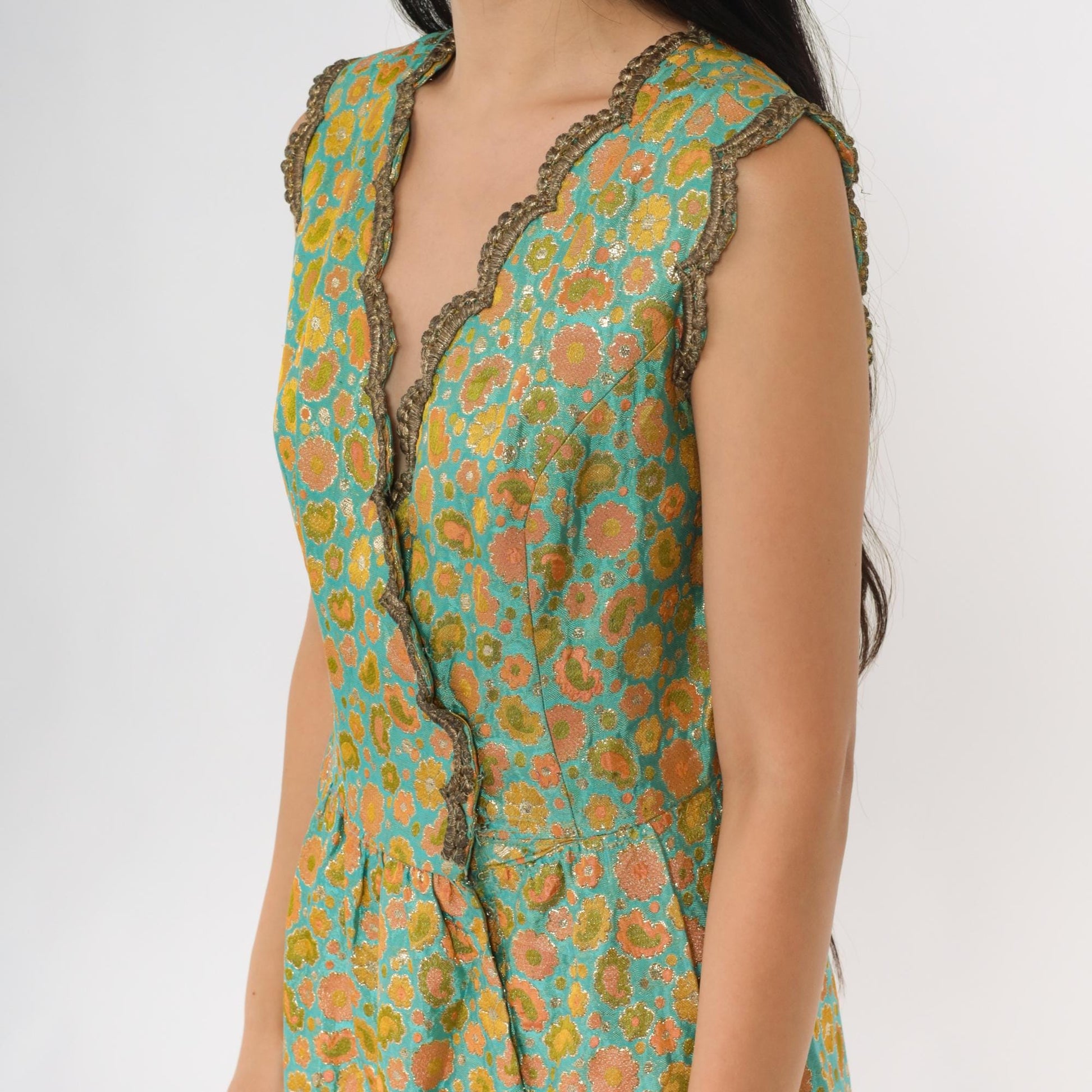 60s Oscar de la Renta Turquoise Brocade Dress Metallic Floral V Neck Small