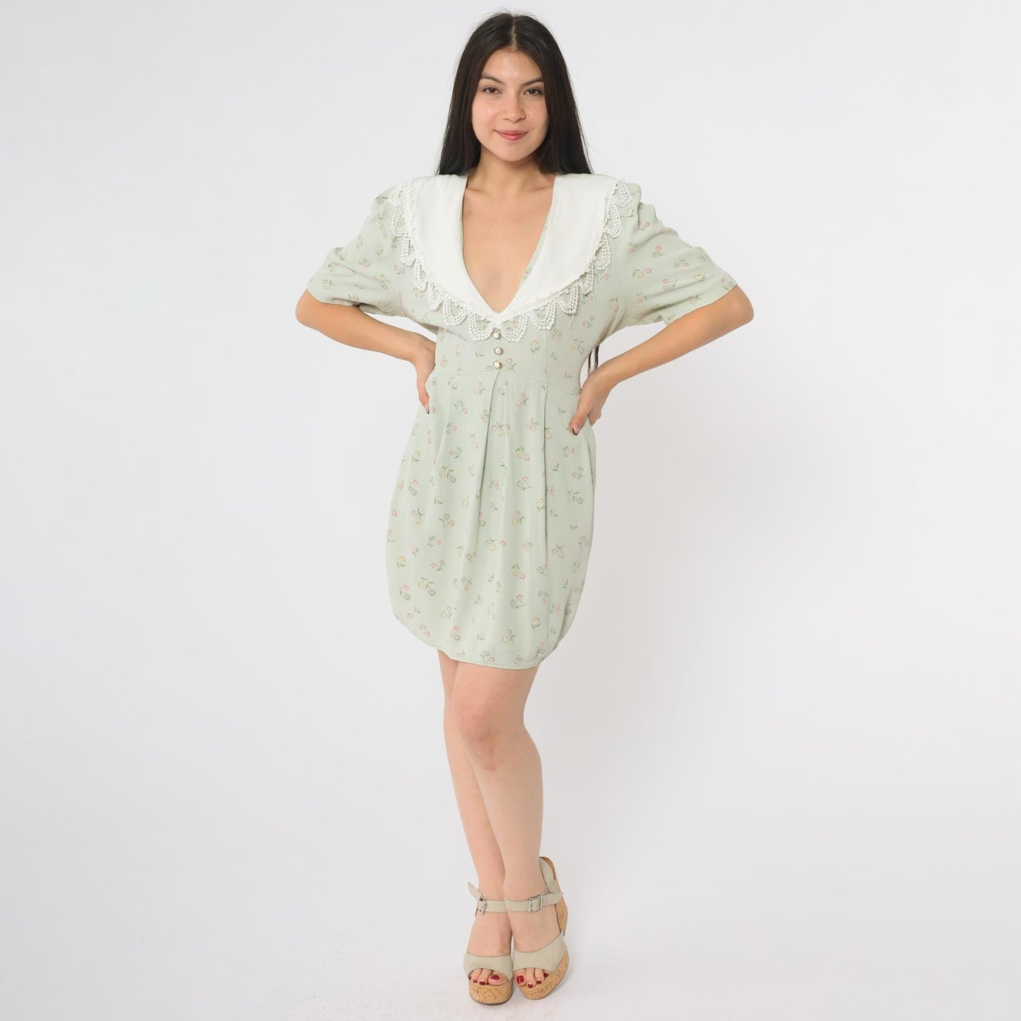 90s S.L. Fashions Sage Green Babydoll Dress Floral Lace Collar Puff Sleeves Large L