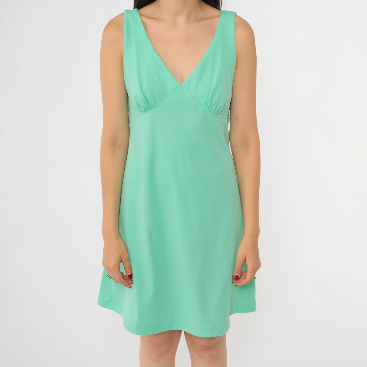70s Mint Green Mini Dress V-Neck Empire Waist Sleeveless Disco Medium M
