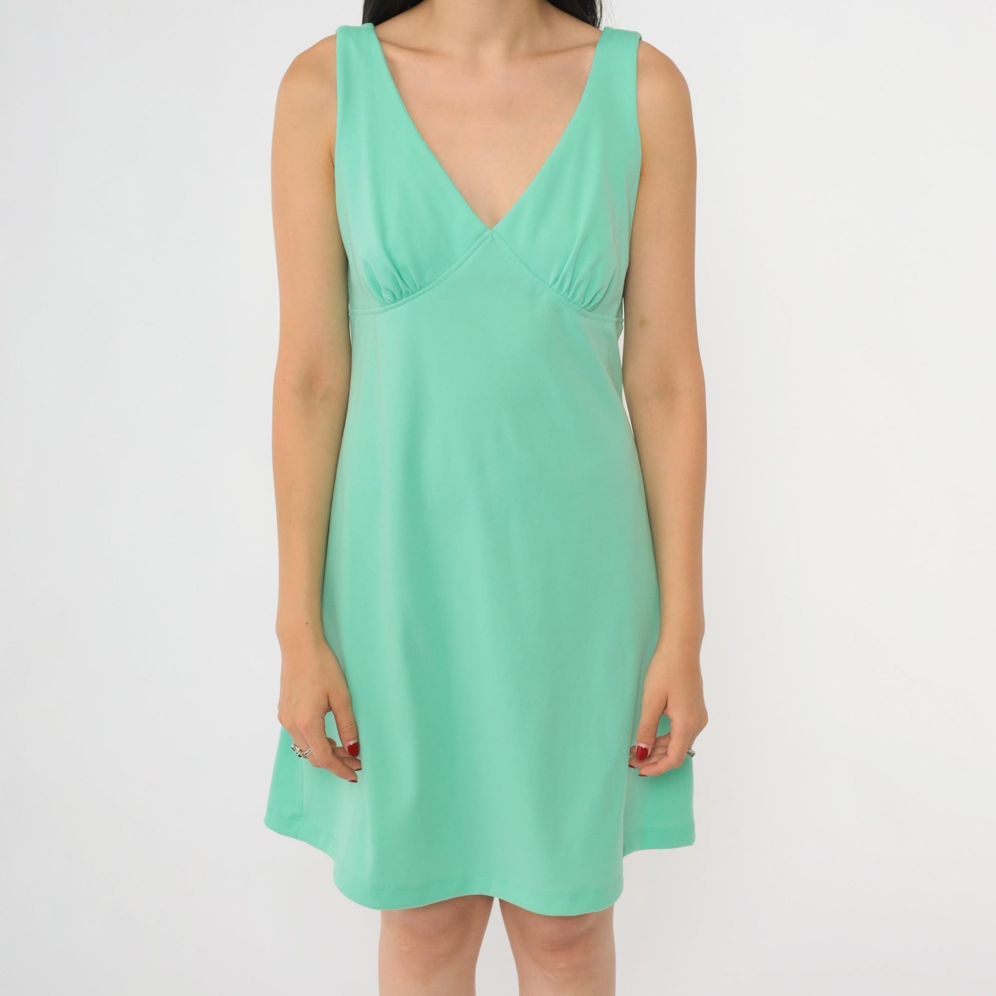 70s Mint Green Mini Dress V-Neck Empire Waist Sleeveless Disco Medium M