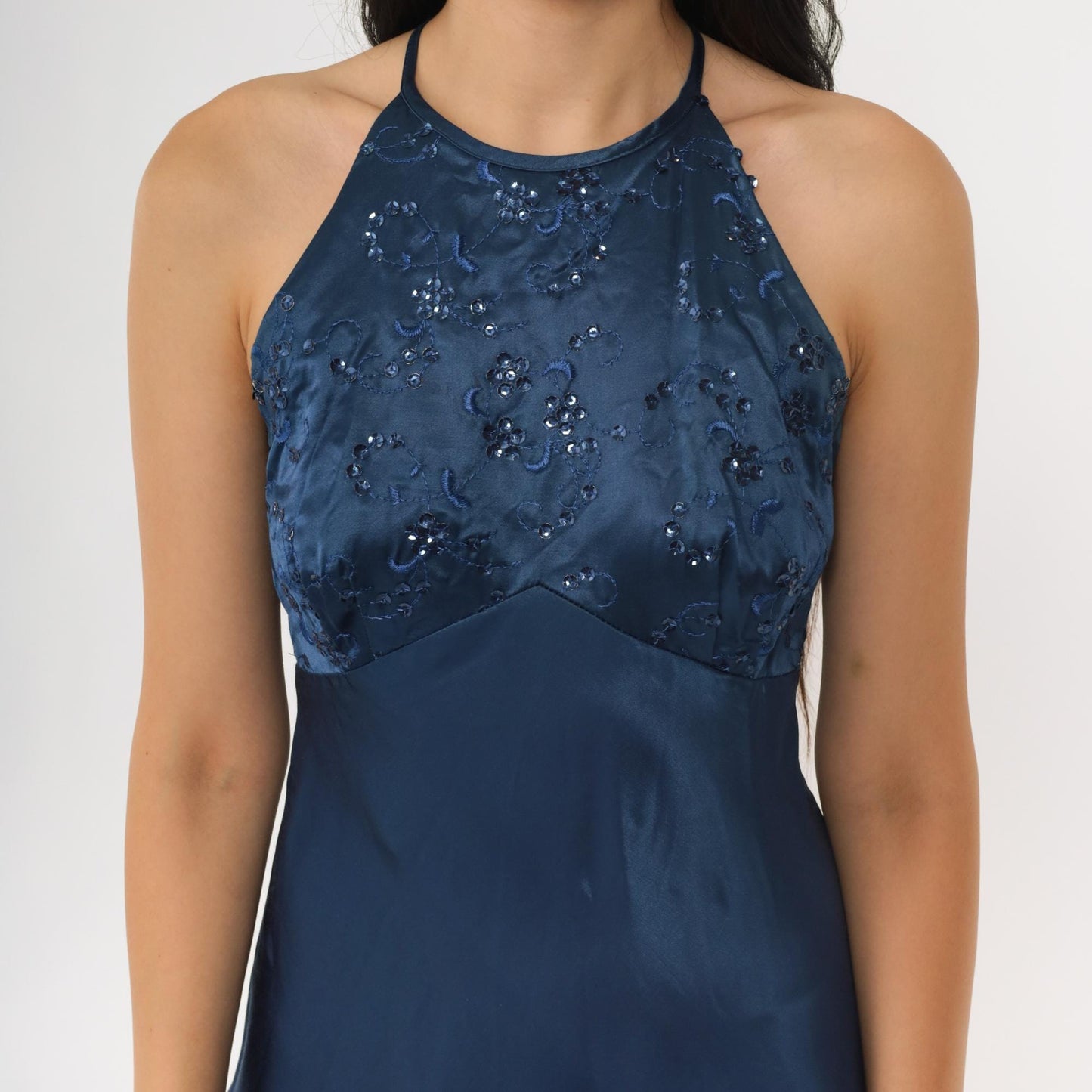 90s Zum Zum Midnight Blue Sequin Floral Halter Mini Dress Small
