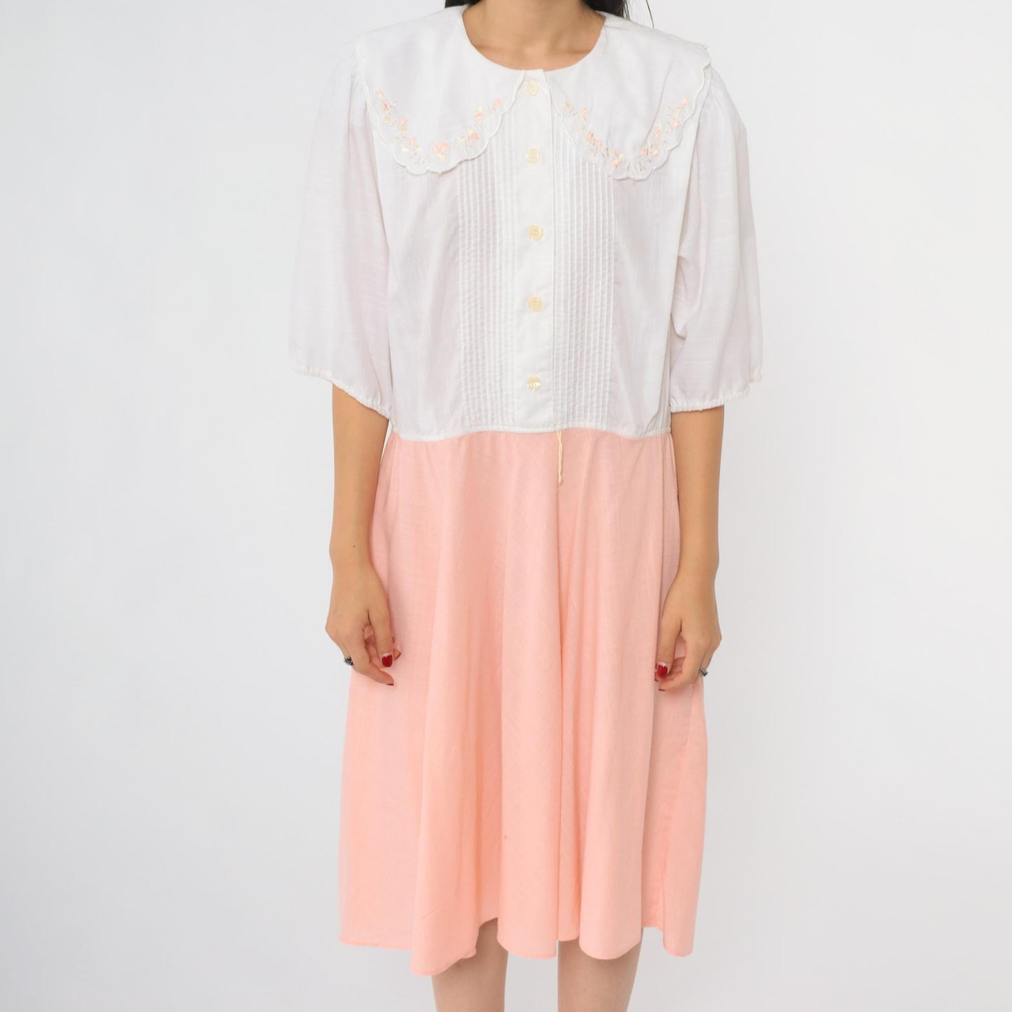 80s Leslie Fay Peter Pan Collar Midi Dress White Peach Floral Embroidered Extra Large