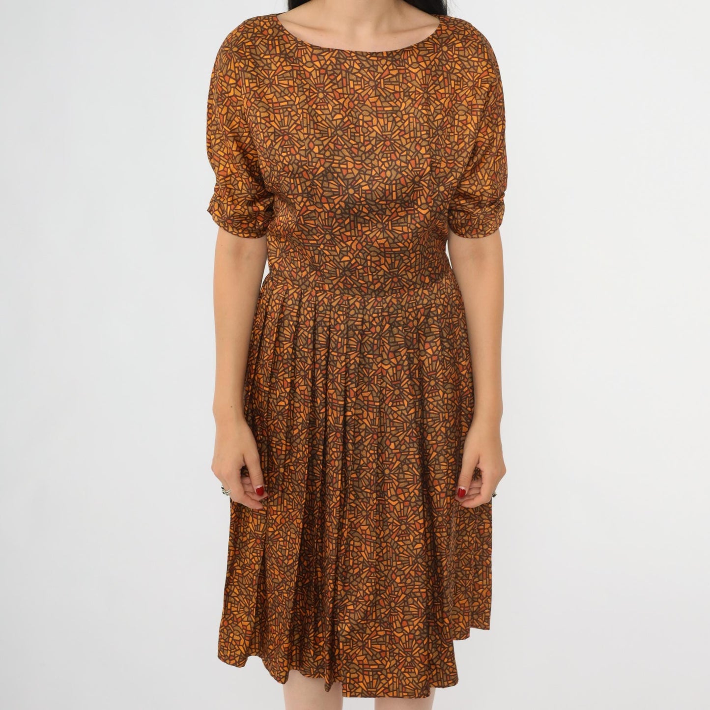 60s Geometric Mosaic Print Dress Brown Orange Bateau Neckline Midi Small
