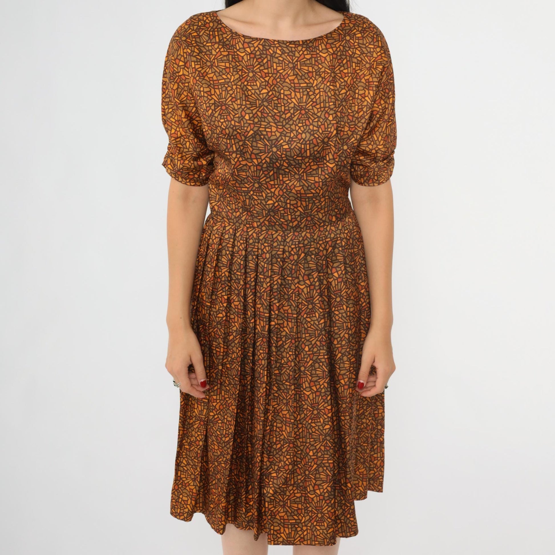 60s Geometric Mosaic Print Dress Brown Orange Bateau Neckline Midi Small