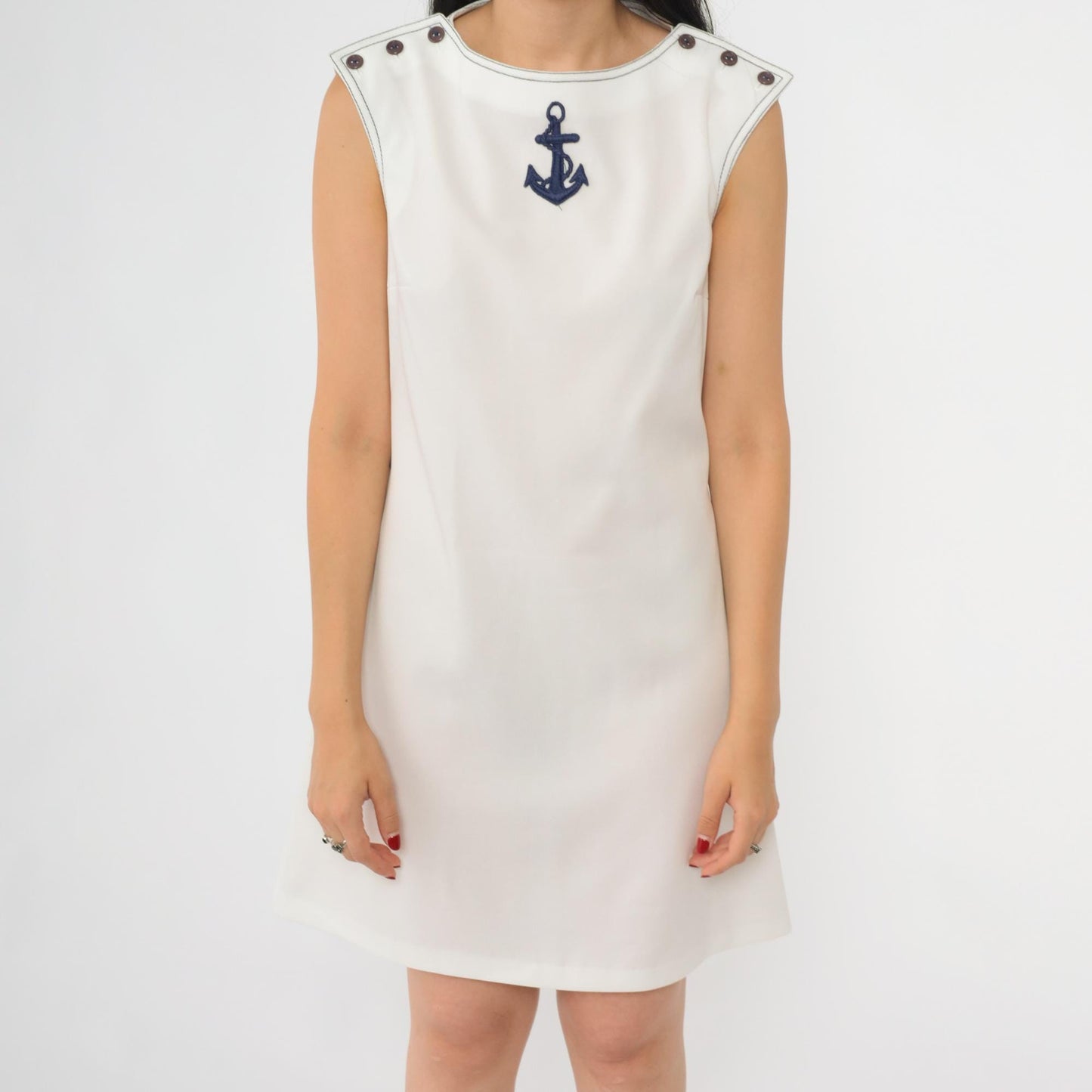 70s Caron Nautical Mini Dress Anchor Applique White Shift Sleeveless Small