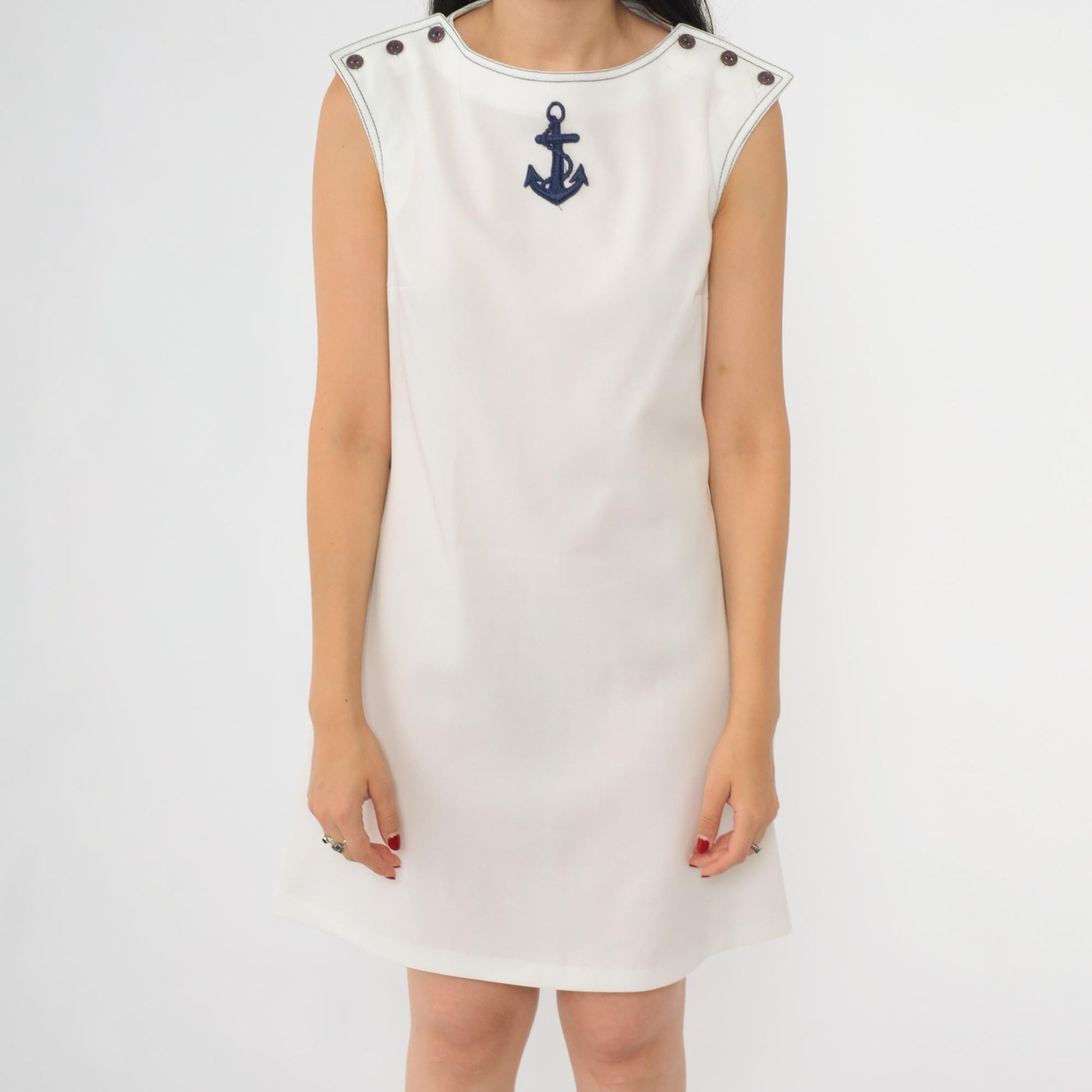 70s Caron Nautical Mini Dress Anchor Applique White Shift Sleeveless Small