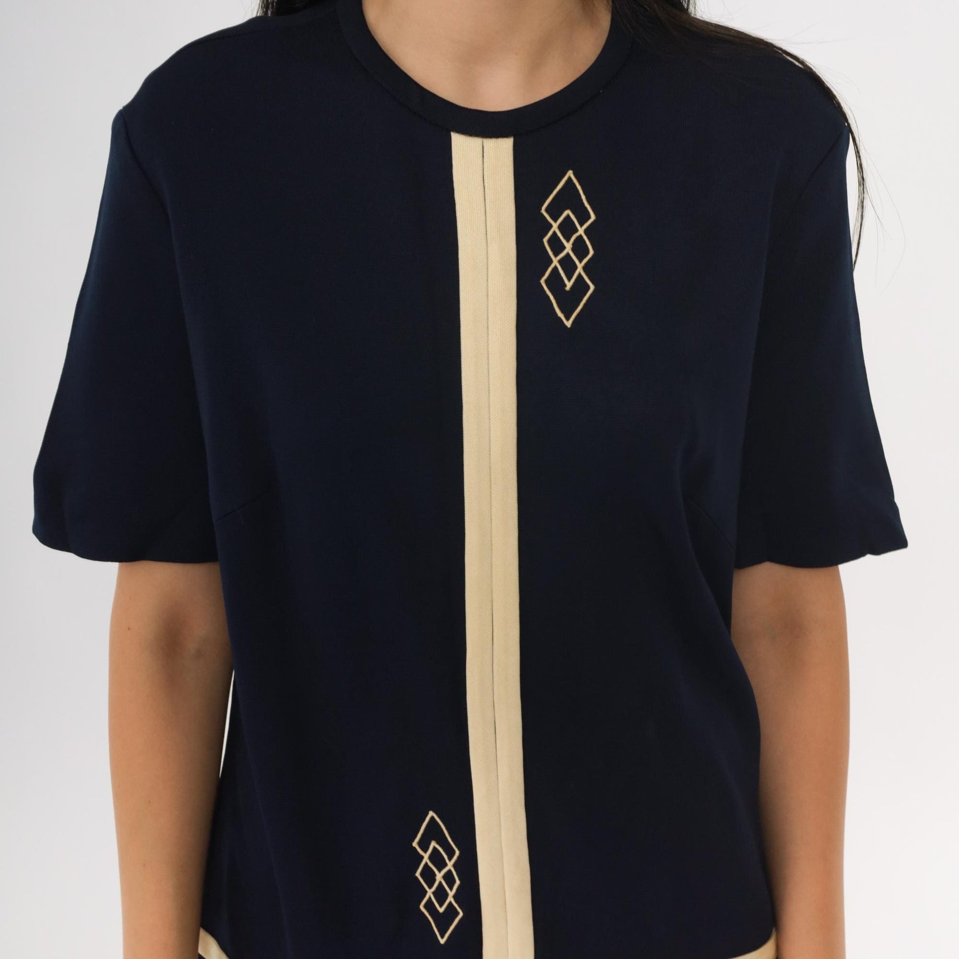 1960s Mod Scooter Dress Navy Geometric Drop Waist Shift Knee-Length Medium M