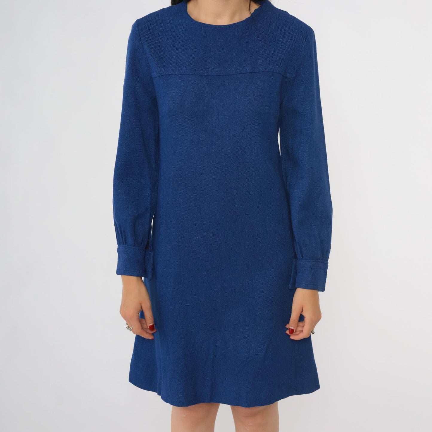 60s Blue Mod Shift Mini Dress Long Sleeve Rear Zip Extra Small