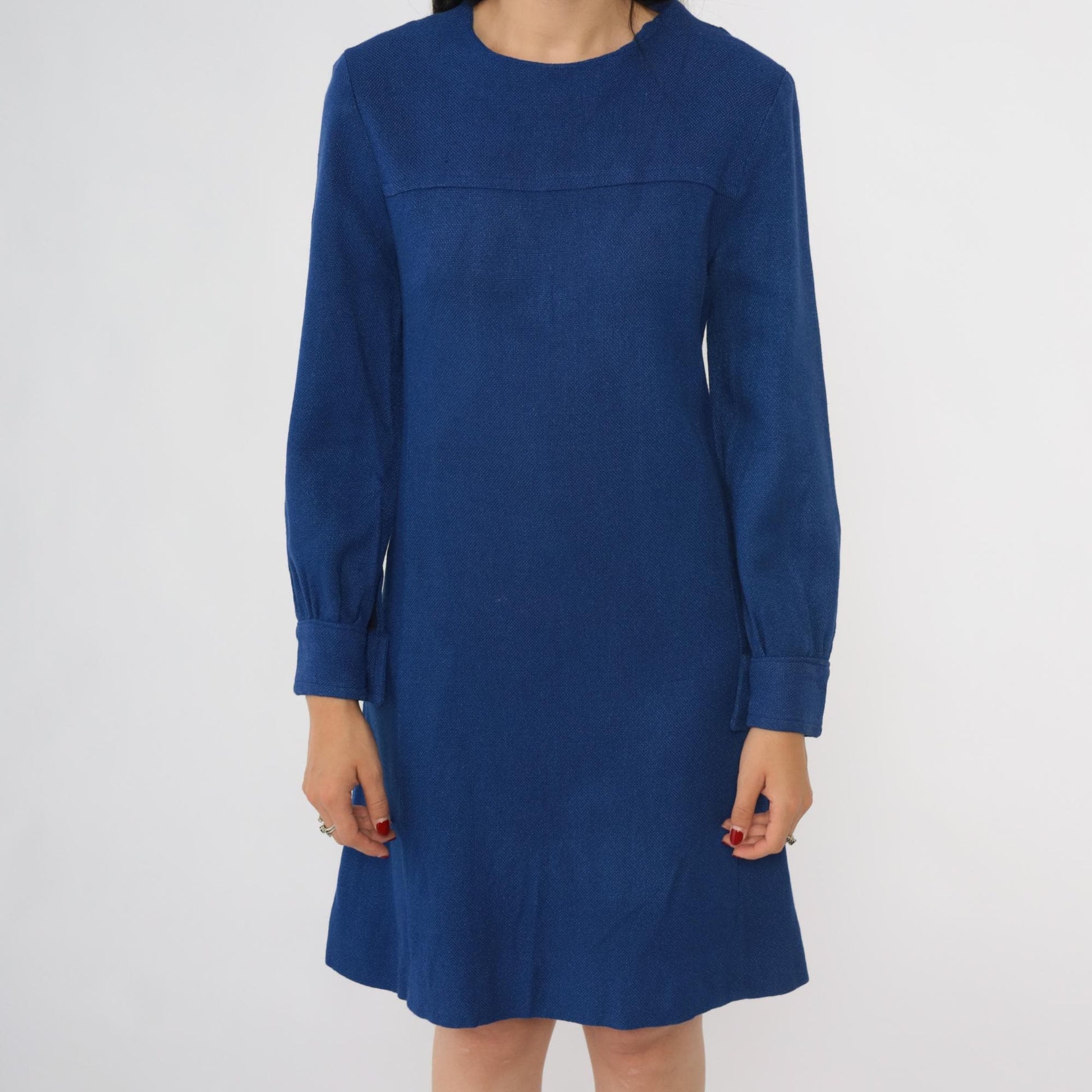 60s Blue Mod Shift Mini Dress Long Sleeve Rear Zip Extra Small