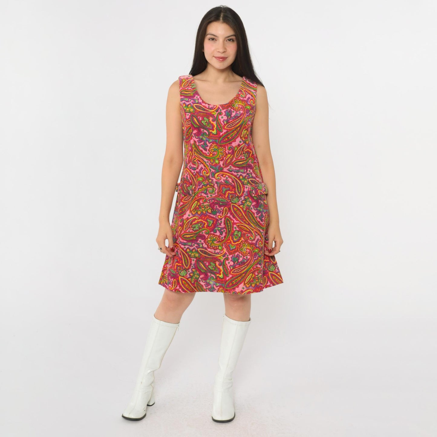 60s Pincord Psychedelic Paisley Corduroy Mini Dress Pink Scoop Neck Small