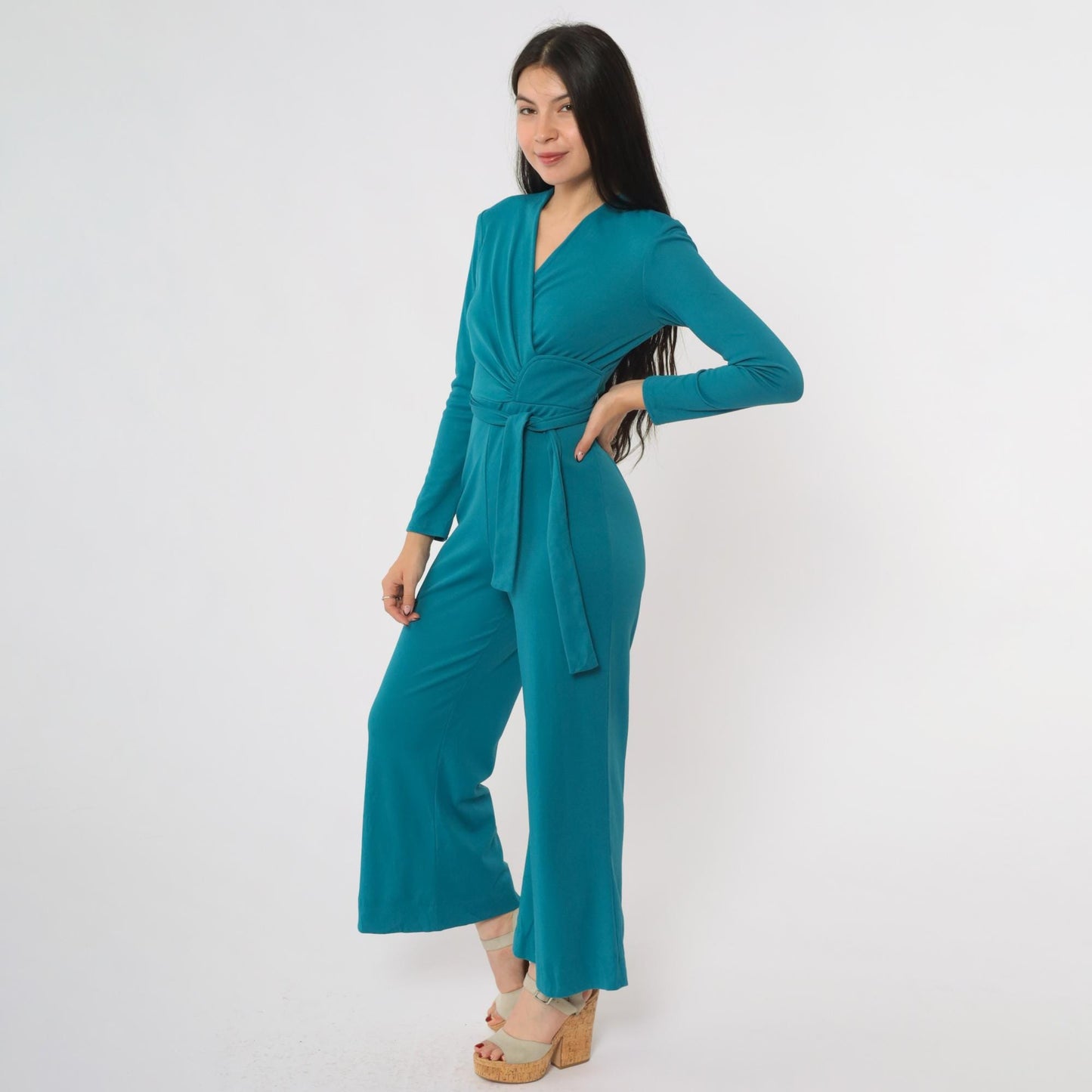 70s Turquoise Wrap Front Jumpsuit Bell Bottom Wide Leg V Neck Small