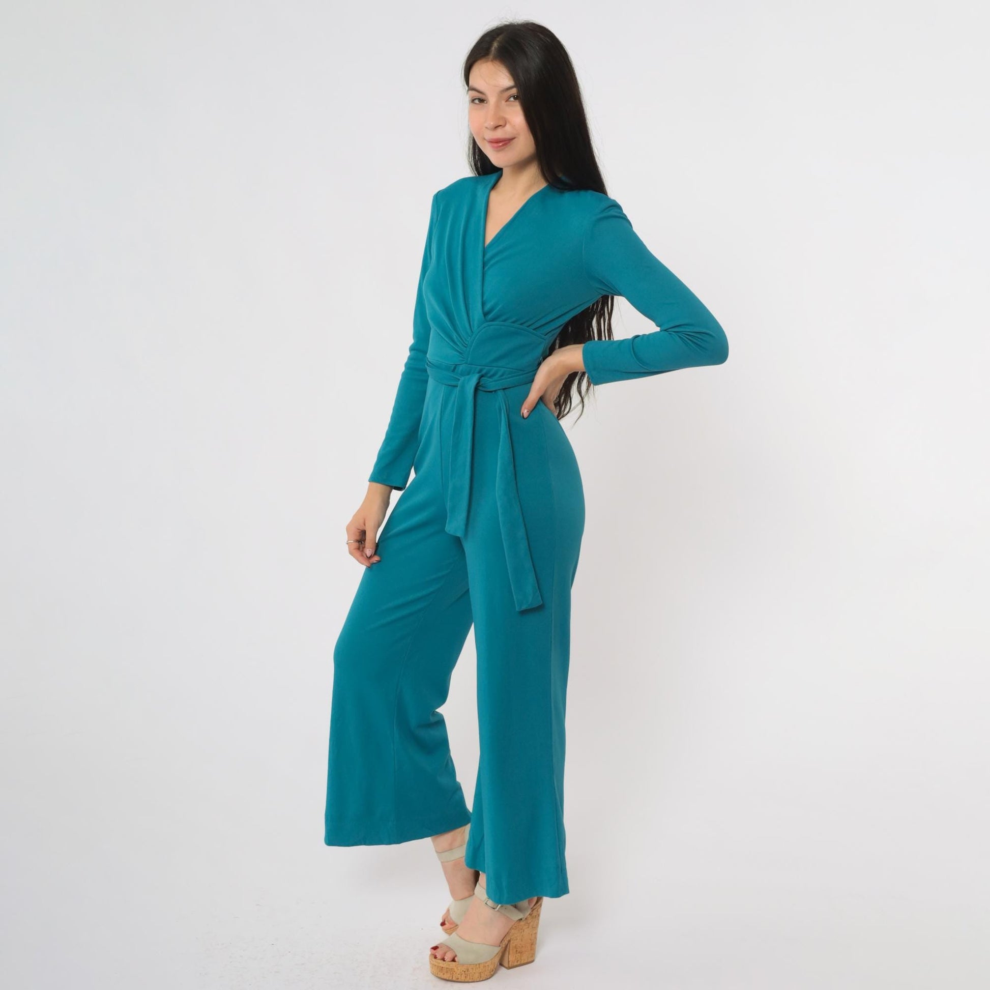 70s Turquoise Wrap Front Jumpsuit Bell Bottom Wide Leg V Neck Small