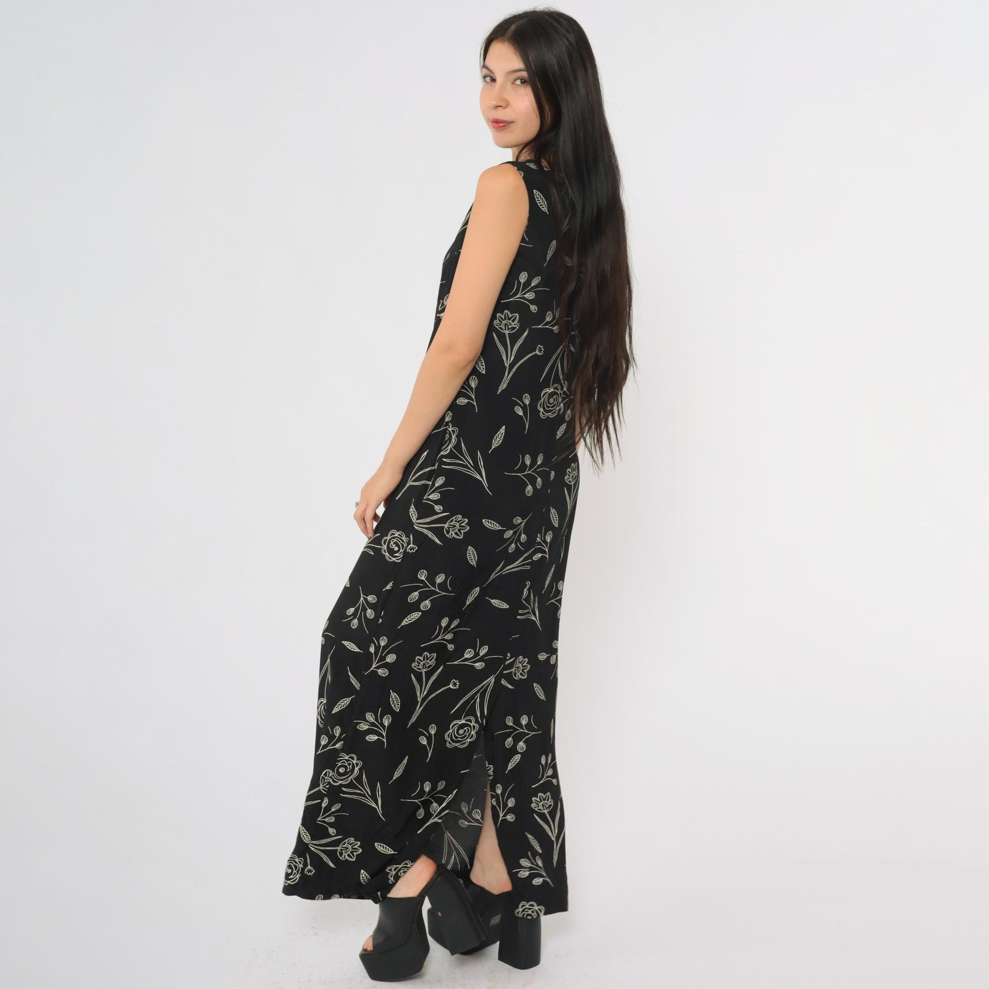 90s Campbell Black Maxi Dress Botanical Line Drawing Rayon Small
