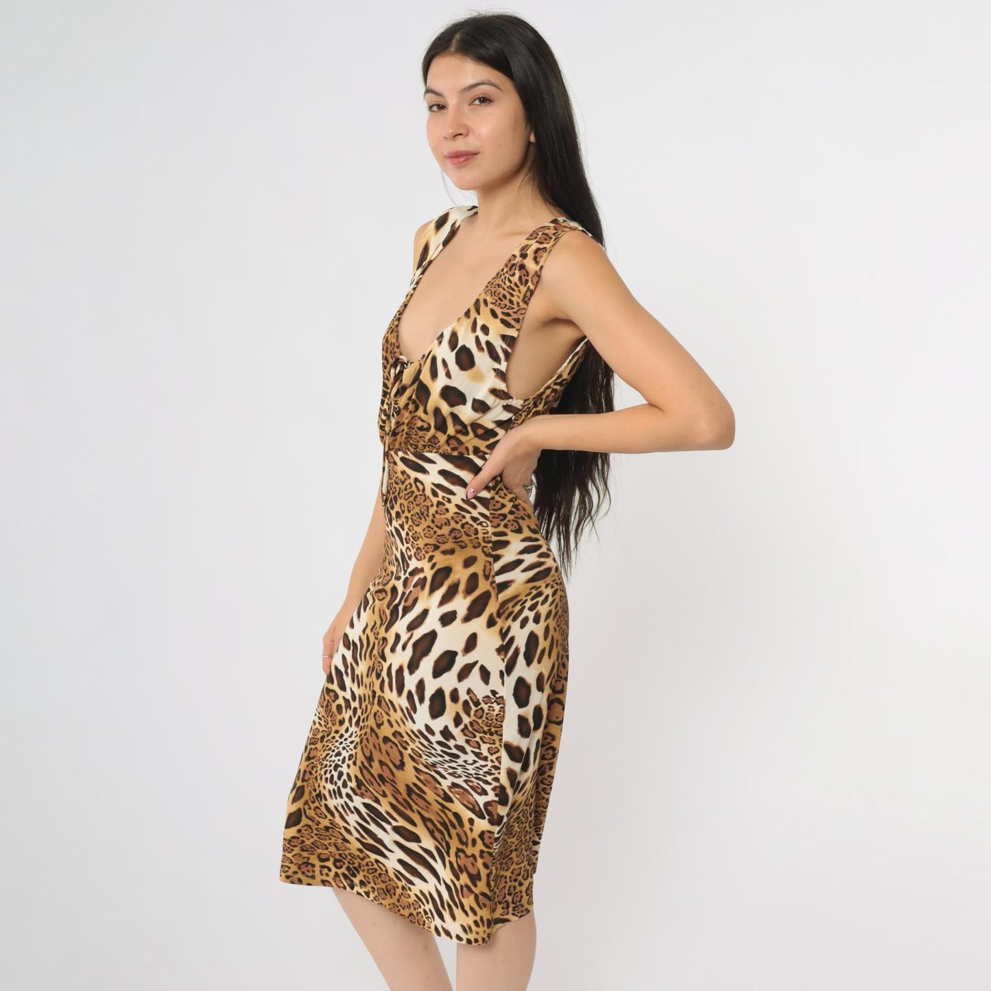 90s Rave Leopard Print Midi Dress Sleeveless Deep V Tie Front Brown Medium M
