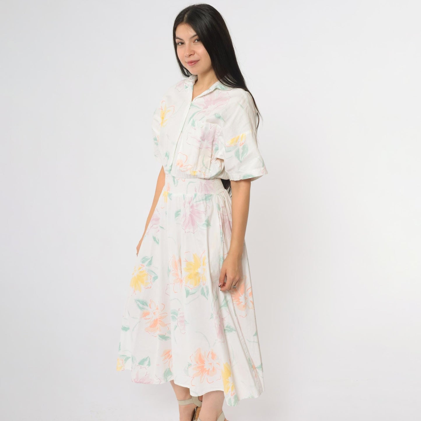 80s Carol Anderson Floral Midi Dress Pastel Watercolor Smocked Waist Small