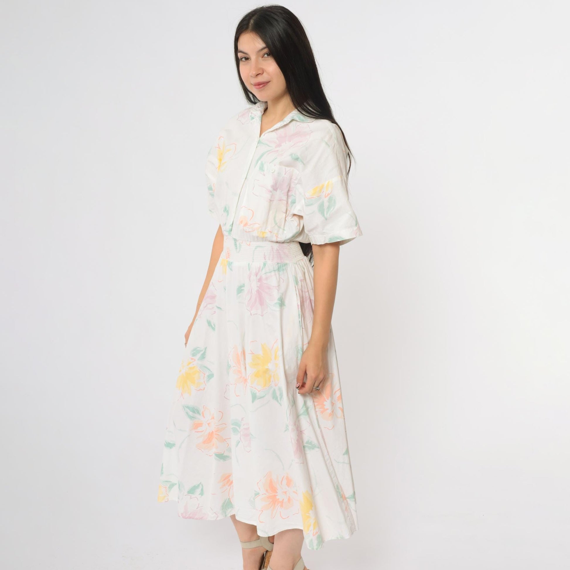 80s Carol Anderson Floral Midi Dress Pastel Watercolor Smocked Waist Small
